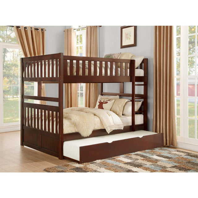 Rowe Dark Cherry Pine Veneer, Wood And Engineered Wood Full/full Bunk Bed With Twin Trundle - Ella Furniture