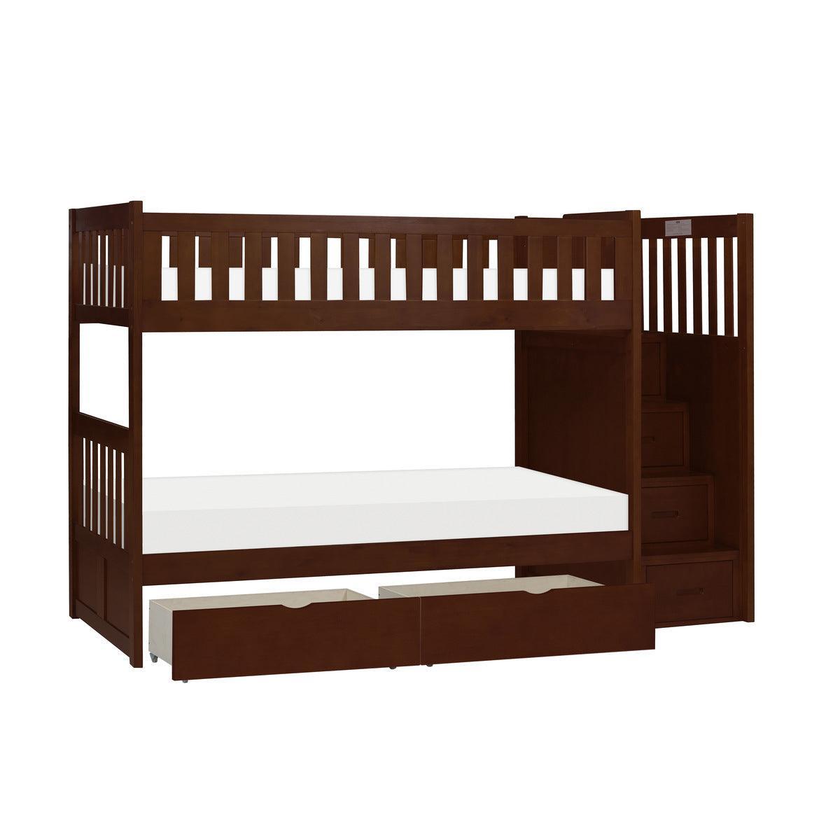Rowe Dark Cherry Pine Veneer, Wood And Engineered Wood Twin/twin Step Bunk Bed With Storage Boxes - Ella Furniture