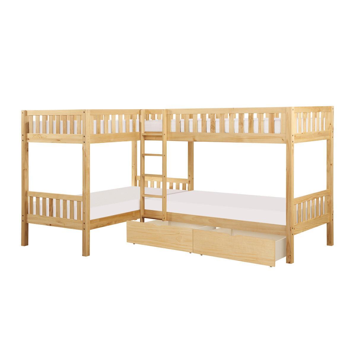 Bartly Natural Pine Transitional Engineered Wood Twin Corner Bunk Bed With Storage Boxes - Ella Furniture