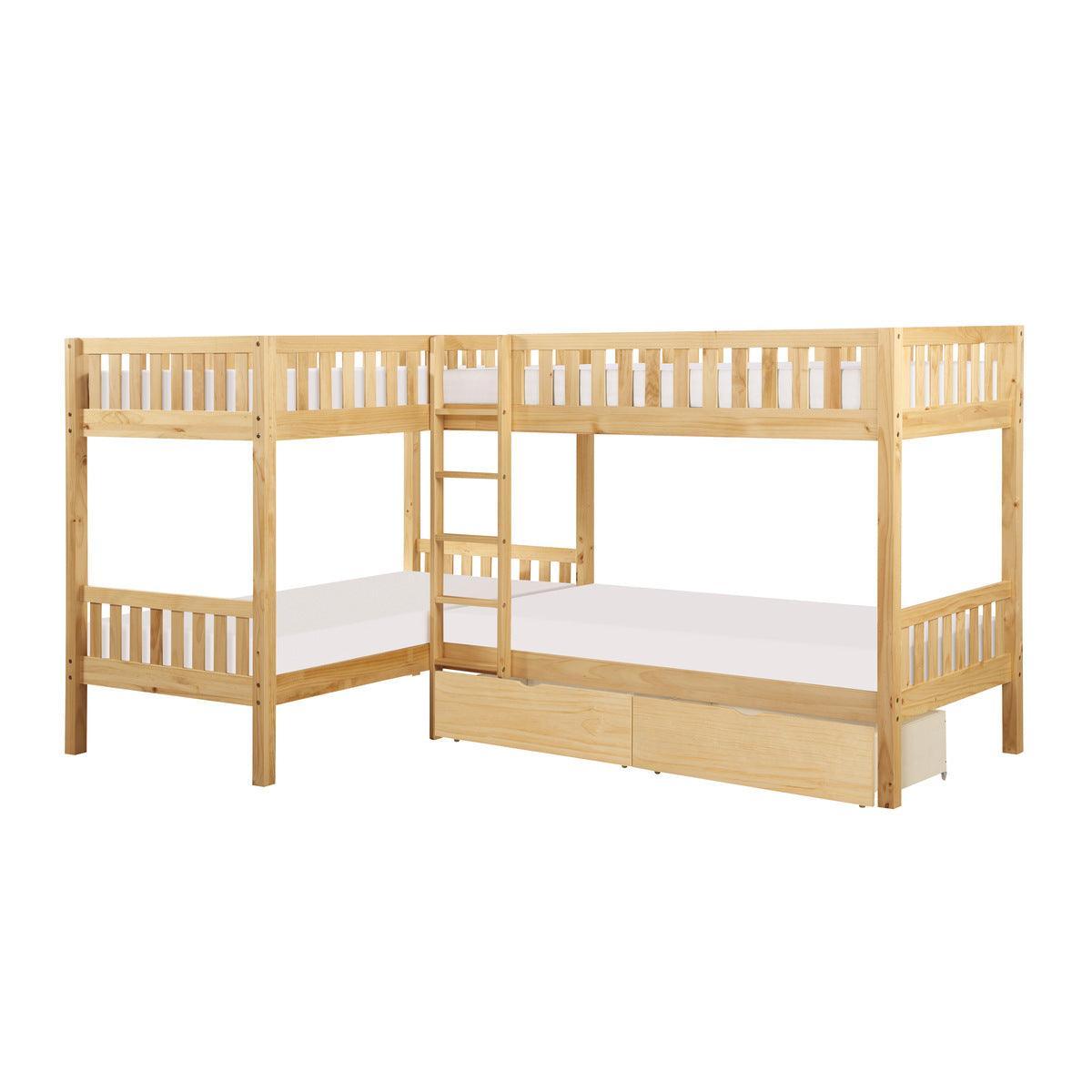 Bartly Natural Pine Transitional Engineered Wood Twin Corner Bunk Bed With Storage Boxes - Ella Furniture