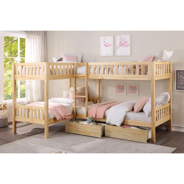Bartly Natural Pine Transitional Engineered Wood Twin Corner Bunk Bed With Storage Boxes - Ella Furniture