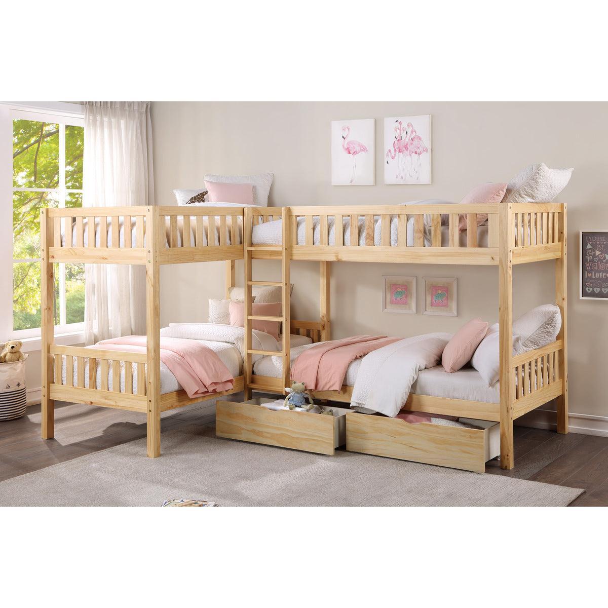 Bartly Natural Pine Transitional Engineered Wood Twin Corner Bunk Bed With Storage Boxes - Ella Furniture