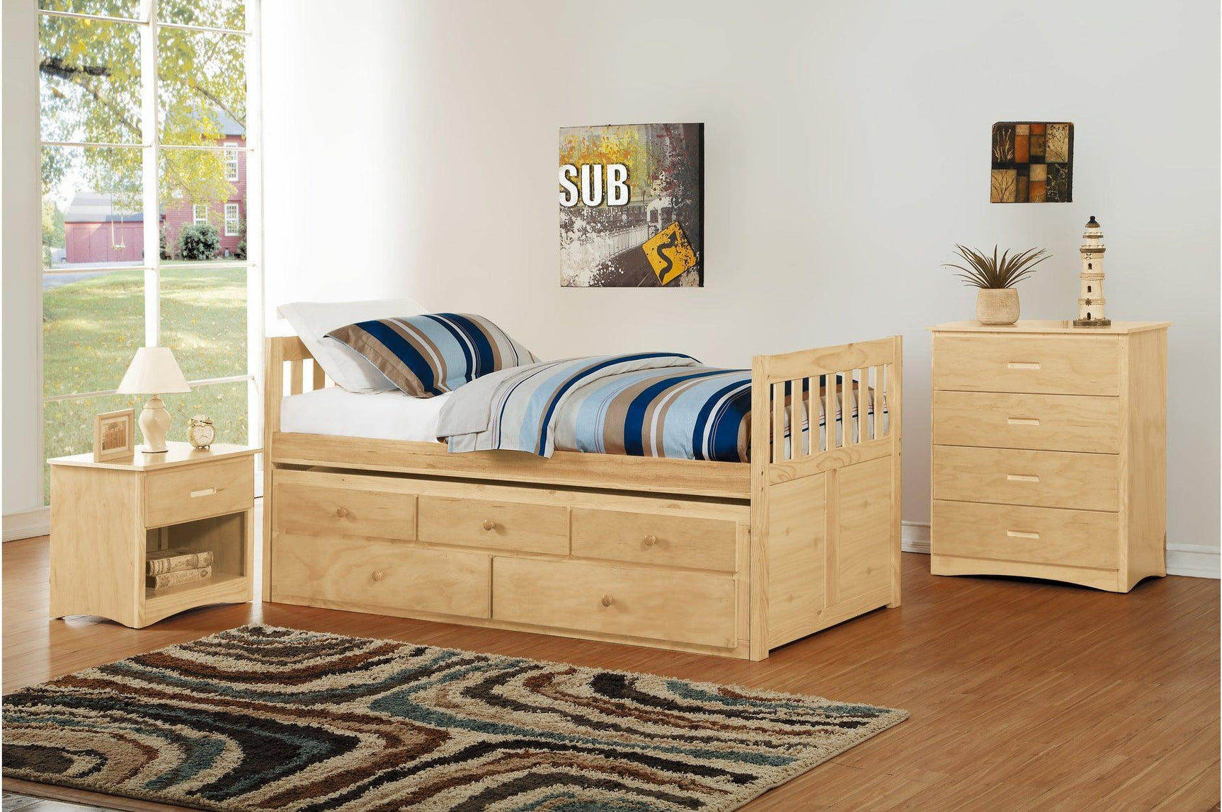 Bartly Natural Pine Modern Transitional Solid Wood Youth Panel Storage Trundle Bedroom Set - Ella Furniture