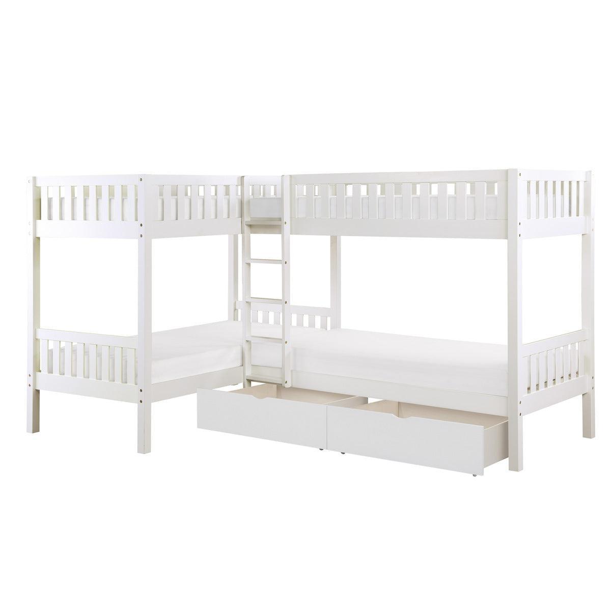 Galen White Modern Transitional Wood And Engineered Wood Corner Bunk Bed With Storage Boxes - Ella Furniture