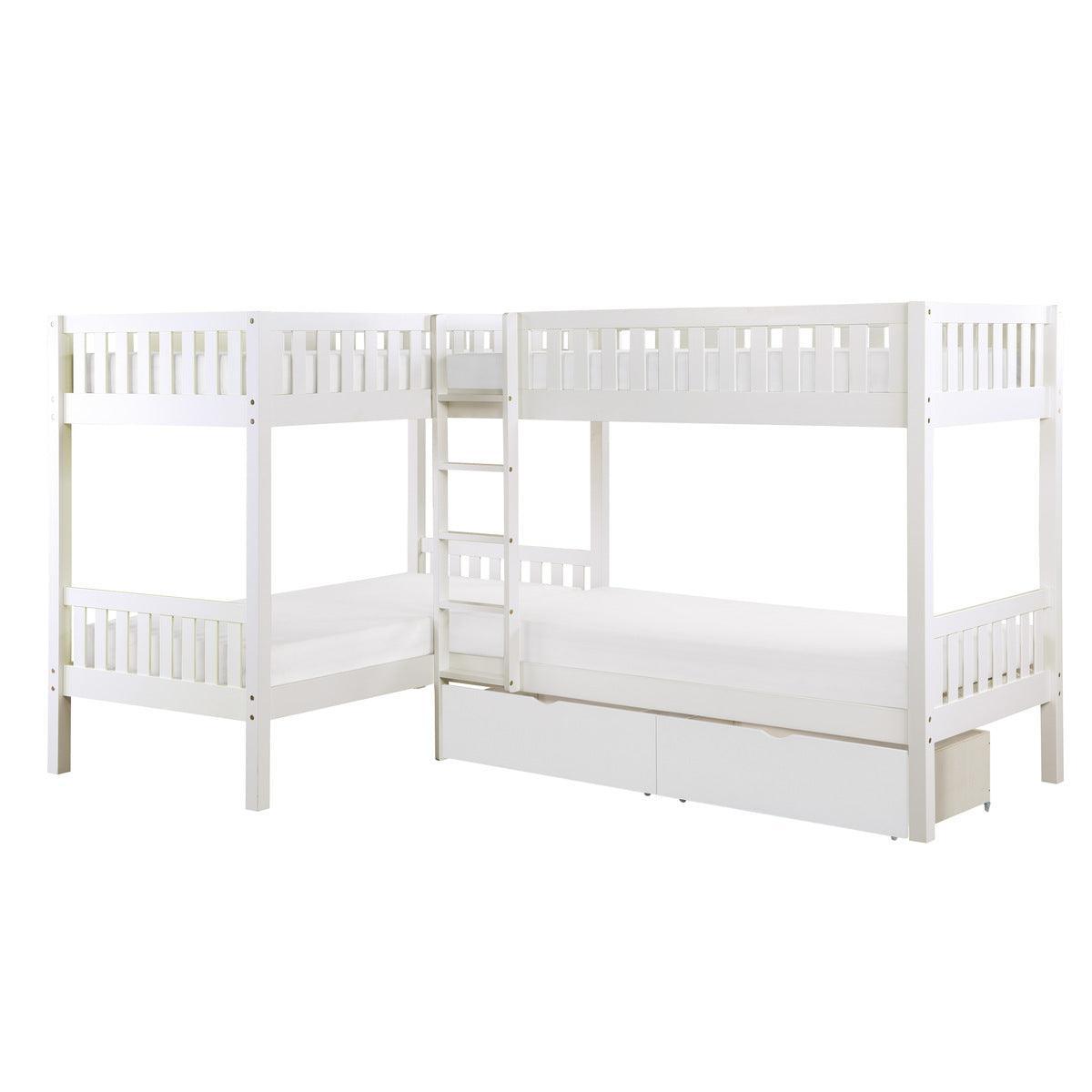Galen White Modern Transitional Wood And Engineered Wood Corner Bunk Bed With Storage Boxes - Ella Furniture