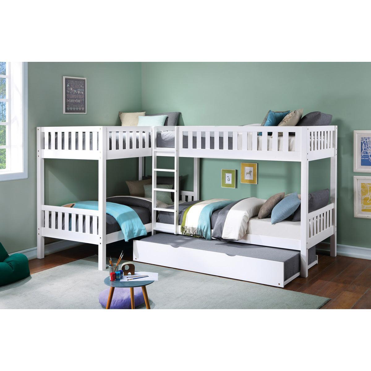 Galen White Modern Transitional Wood And Engineered Wood Corner Bunk Bed With Twin Trundle - Ella Furniture