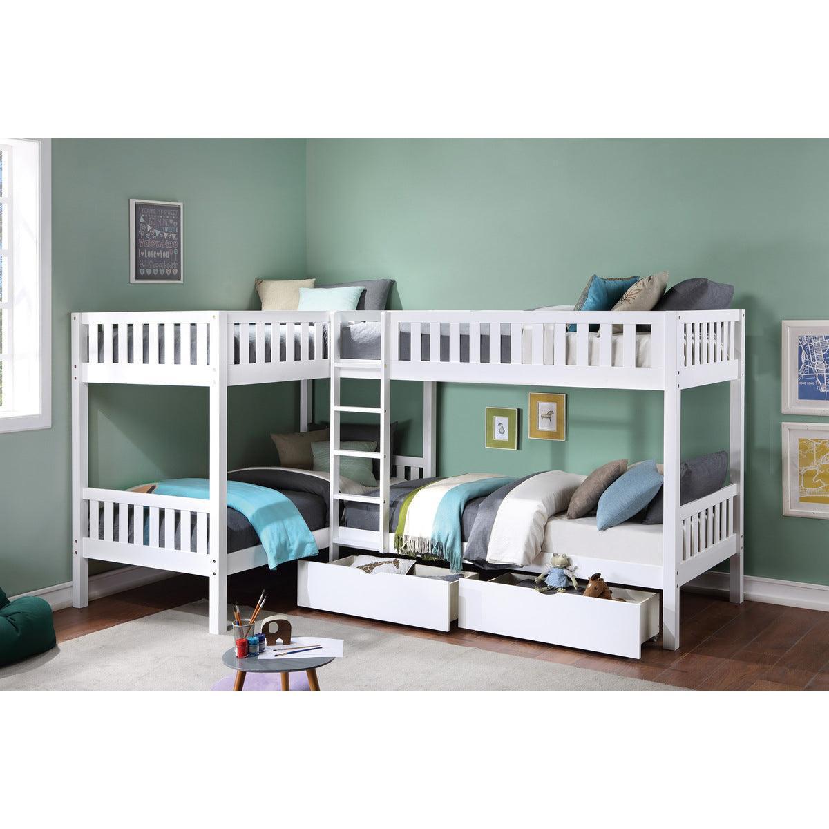 Galen White Modern Transitional Wood And Engineered Wood Corner Bunk Bed With Storage Boxes - Ella Furniture