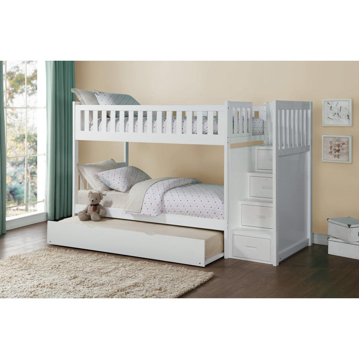Galen White Modern Transitional Wood, Engineered Wood Twin/twin Step Bunk Bed With Twin Trundle - Ella Furniture