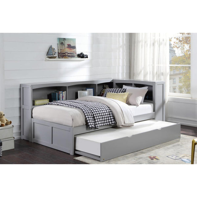 Orion Gray Transitional Wood And Engineered Wood Twin Bookcase Corner Bed With Twin Trundle - Ella Furniture