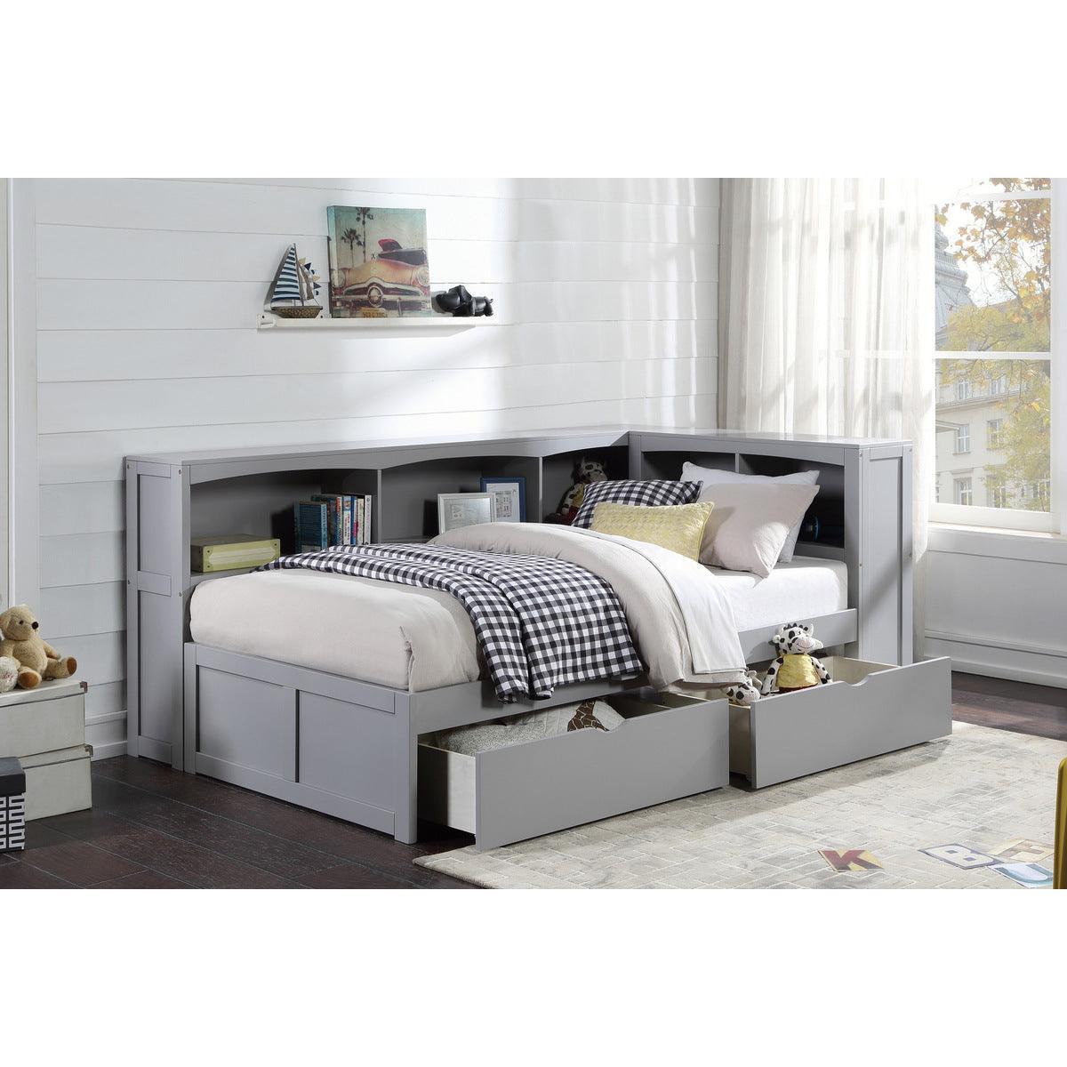 Orion Gray Transitional Wood And Engineered Wood Twin Bookcase Corner Bed With Storage Boxes - Ella Furniture