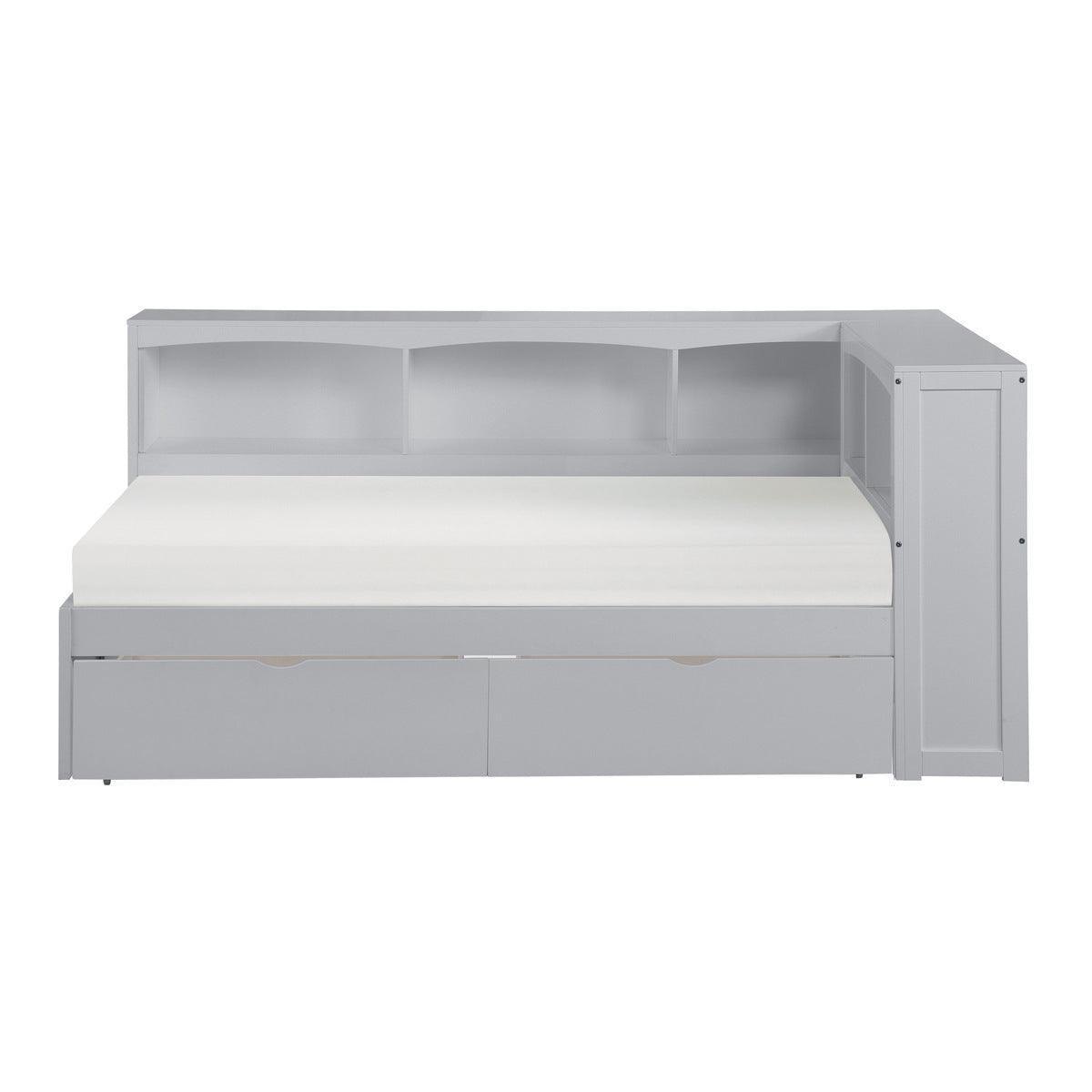 Orion Gray Transitional Wood And Engineered Wood Twin Bookcase Corner Bed With Storage Boxes - Ella Furniture