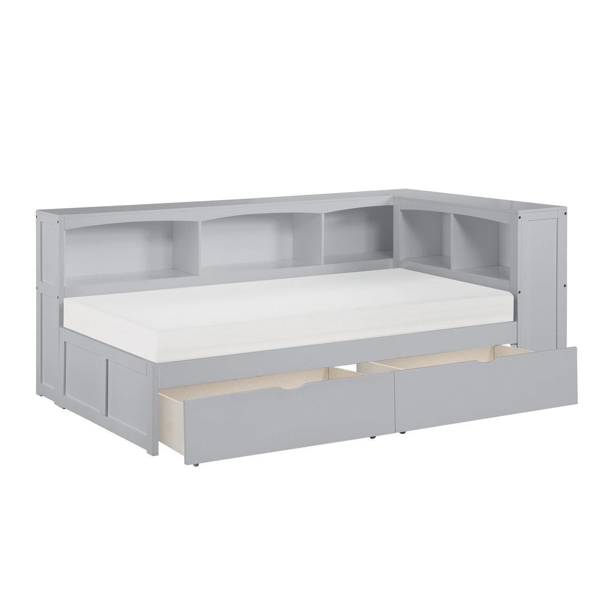 Orion Gray Transitional Wood And Engineered Wood Twin Bookcase Corner Bed With Storage Boxes - Ella Furniture