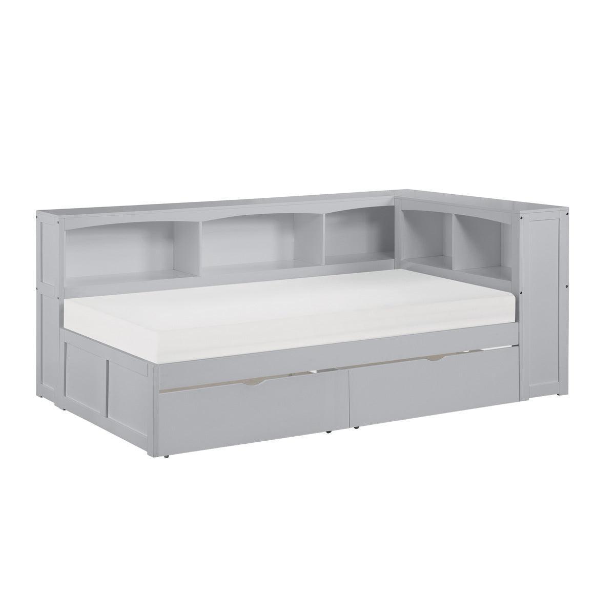 Orion Gray Transitional Wood And Engineered Wood Twin Bookcase Corner Bed With Storage Boxes - Ella Furniture