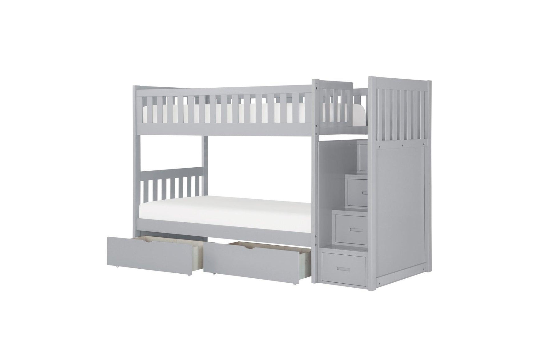 Orion Gray Transitional Solid Wood Twin Over Twin With Storage Stairs Youth Bedroom Set - Ella Furniture
