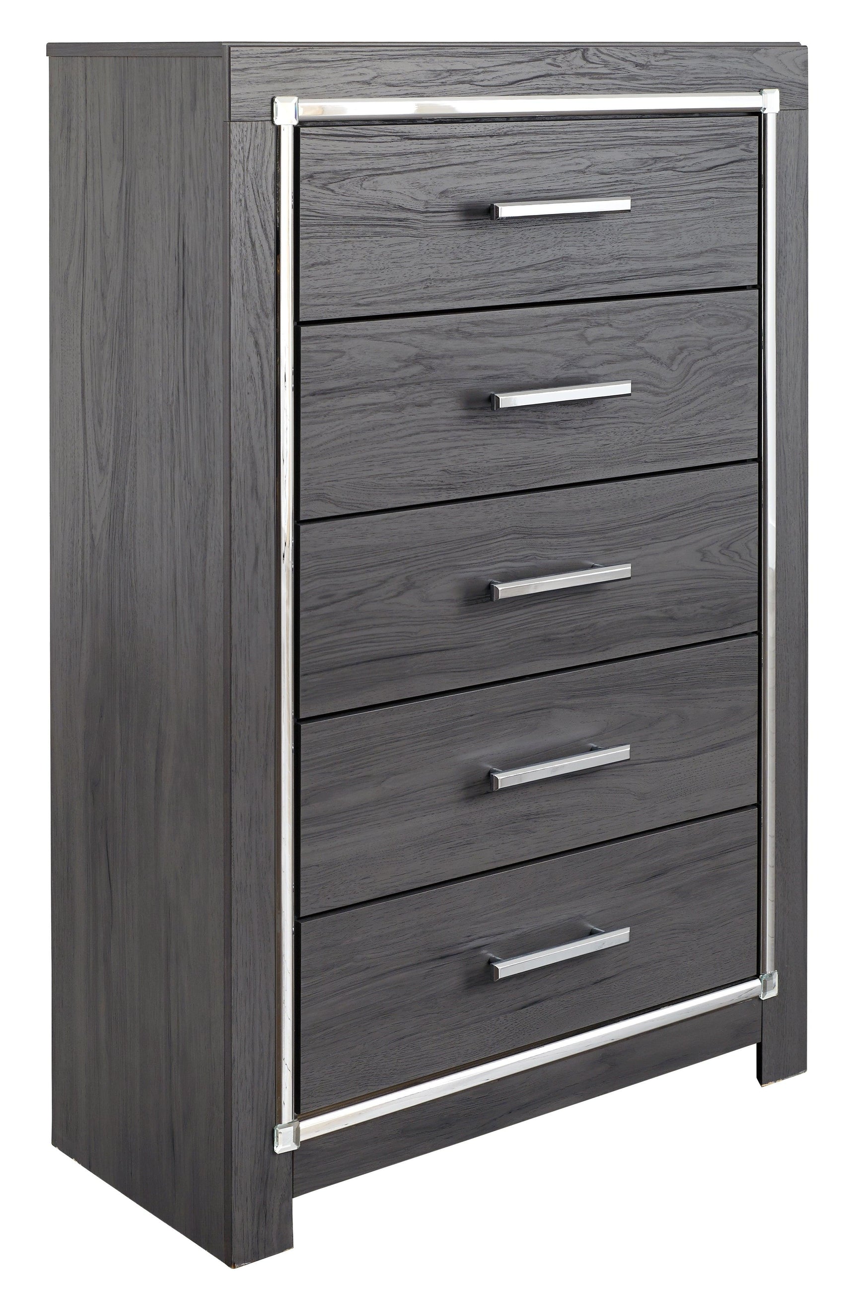 Lodanna Gray Chest of Drawers angled view showing chrome hardware