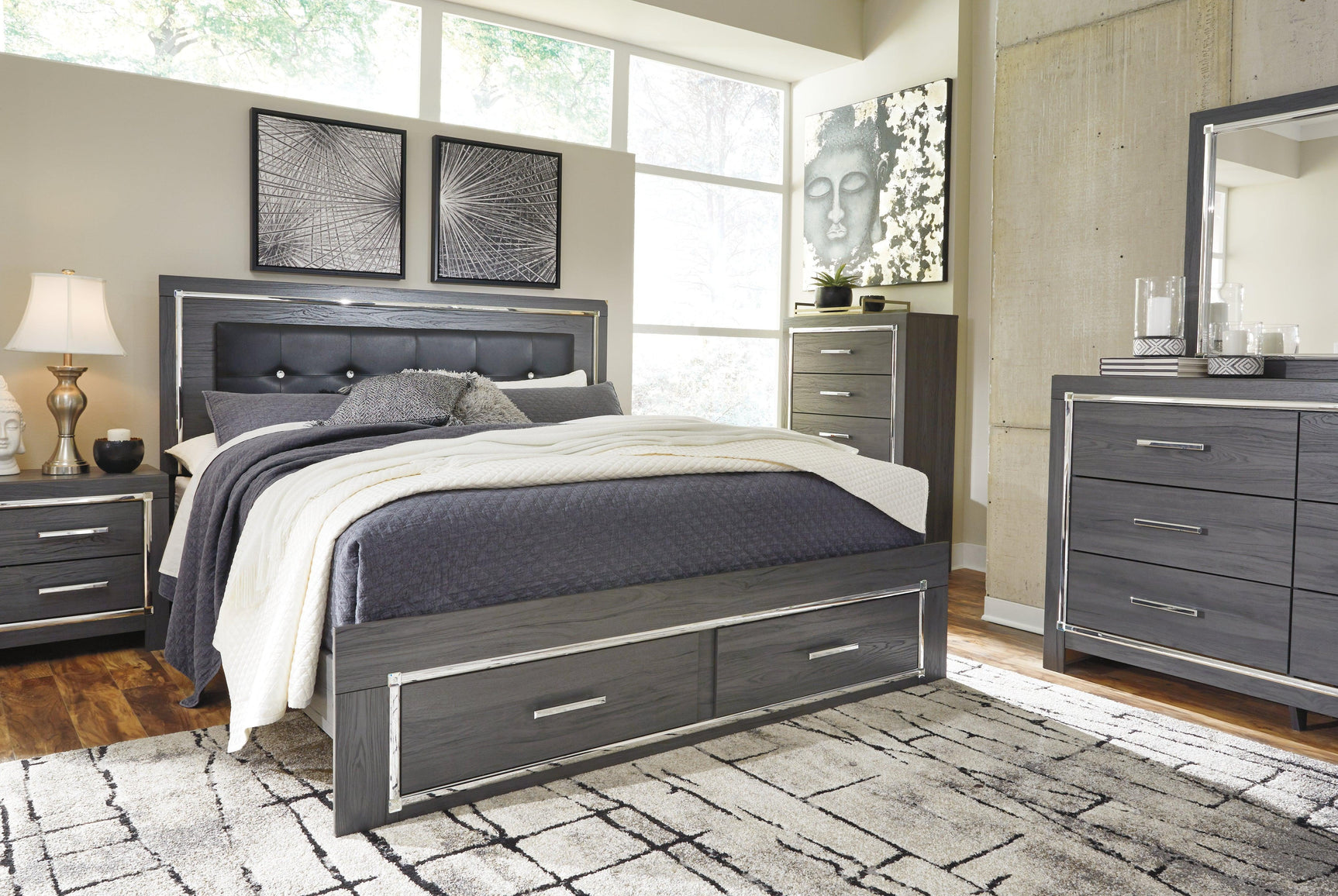 Lodanna Gray King Panel Bed With 2 Storage Drawers - Ella Furniture