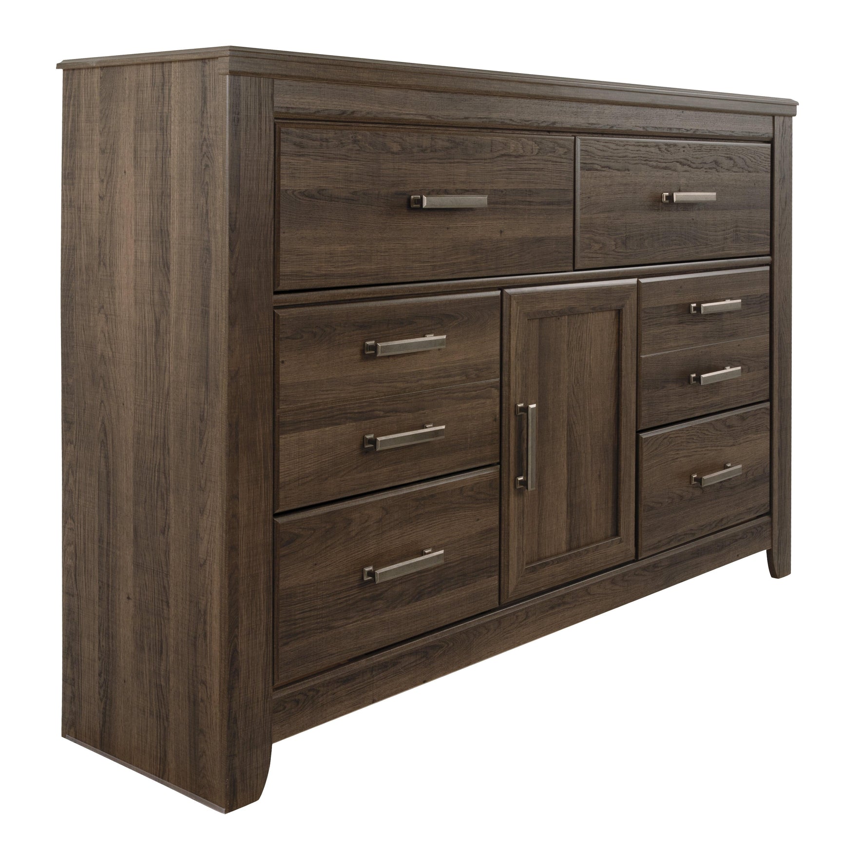 Close-up of pewter-tone brushed nickel hardware on dresser
