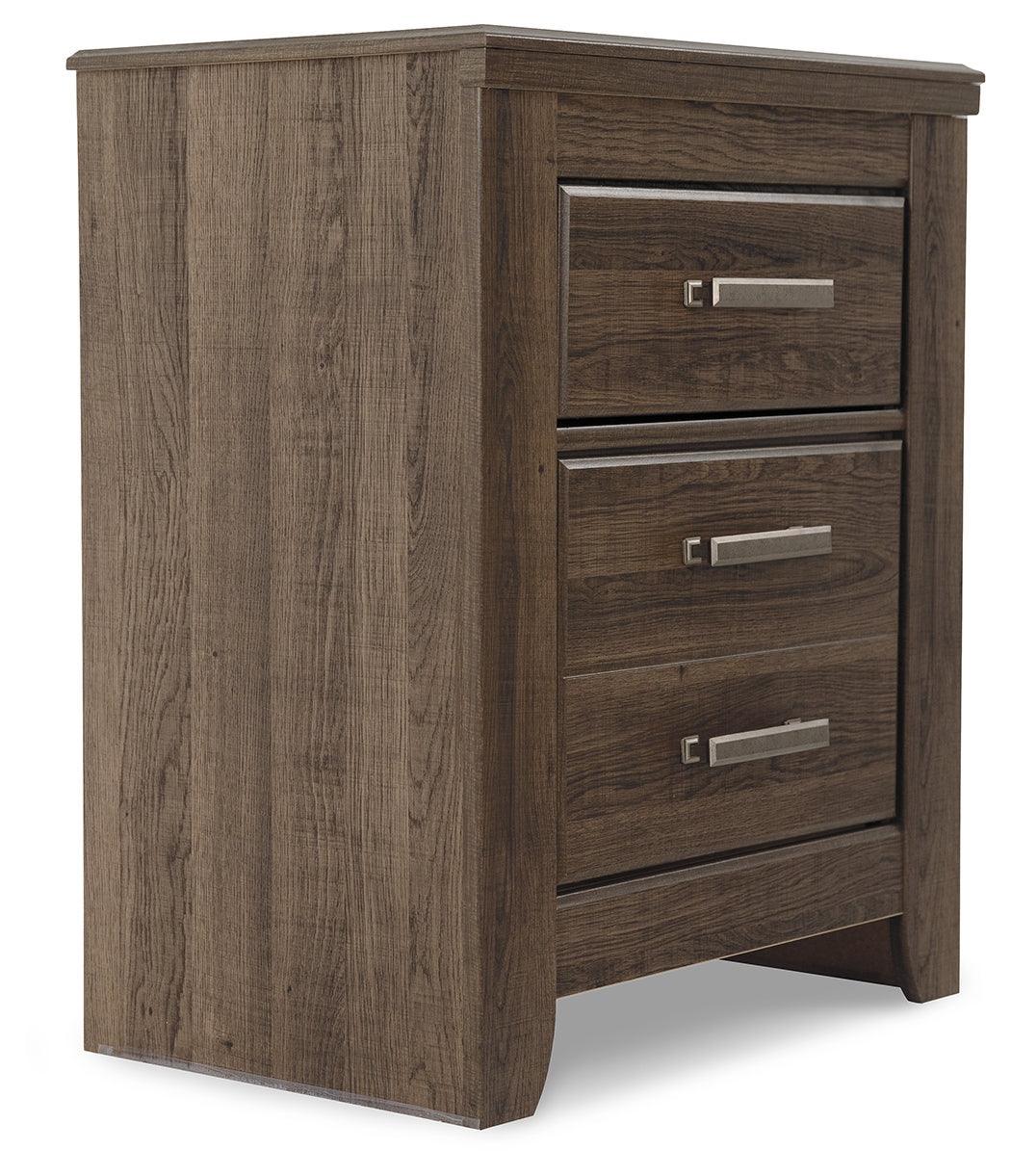 Juararo dark brown nightstand angled view highlighting oak grain texture