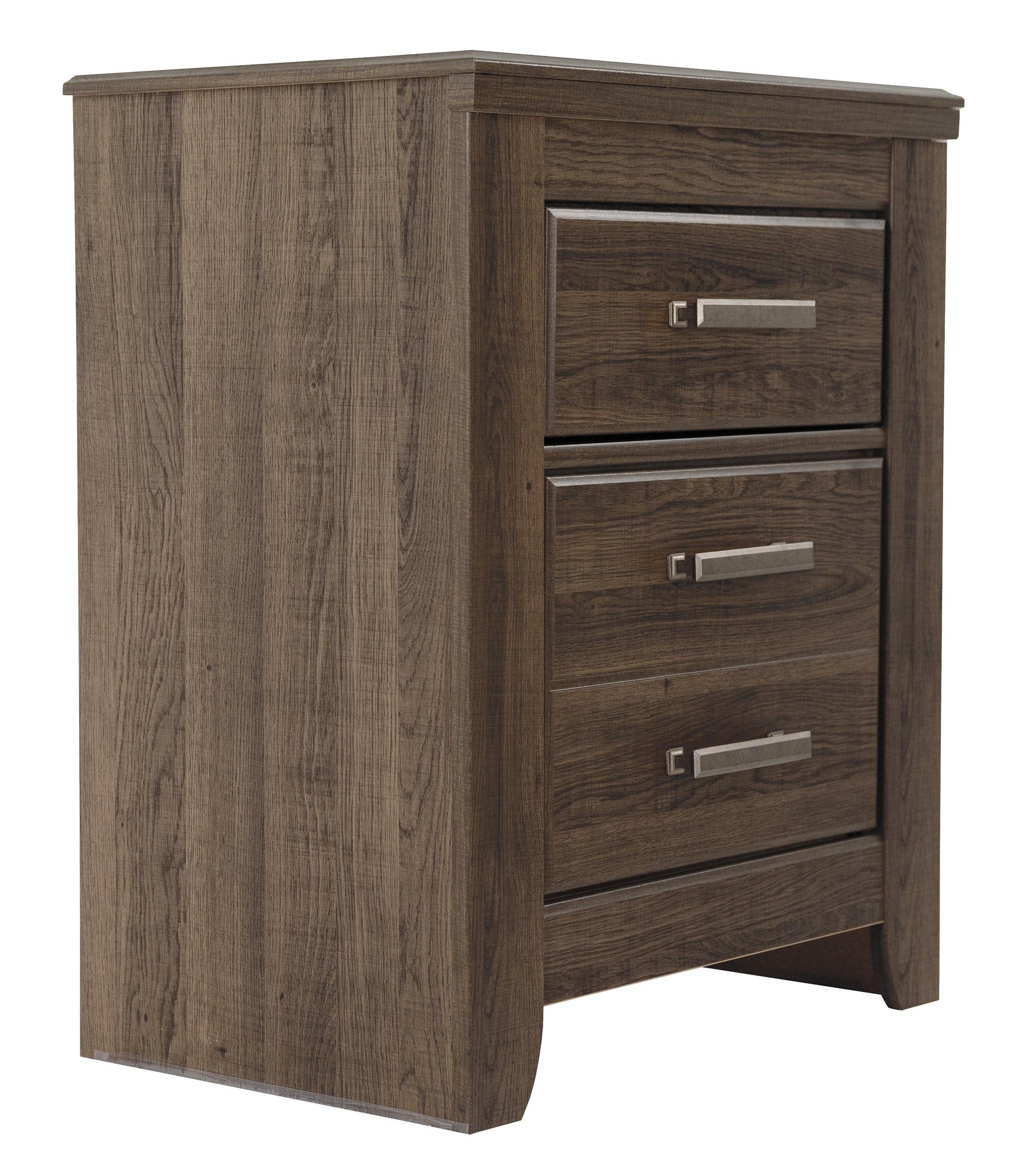 Juararo dark brown vintage-style nightstand with two drawers and open shelf