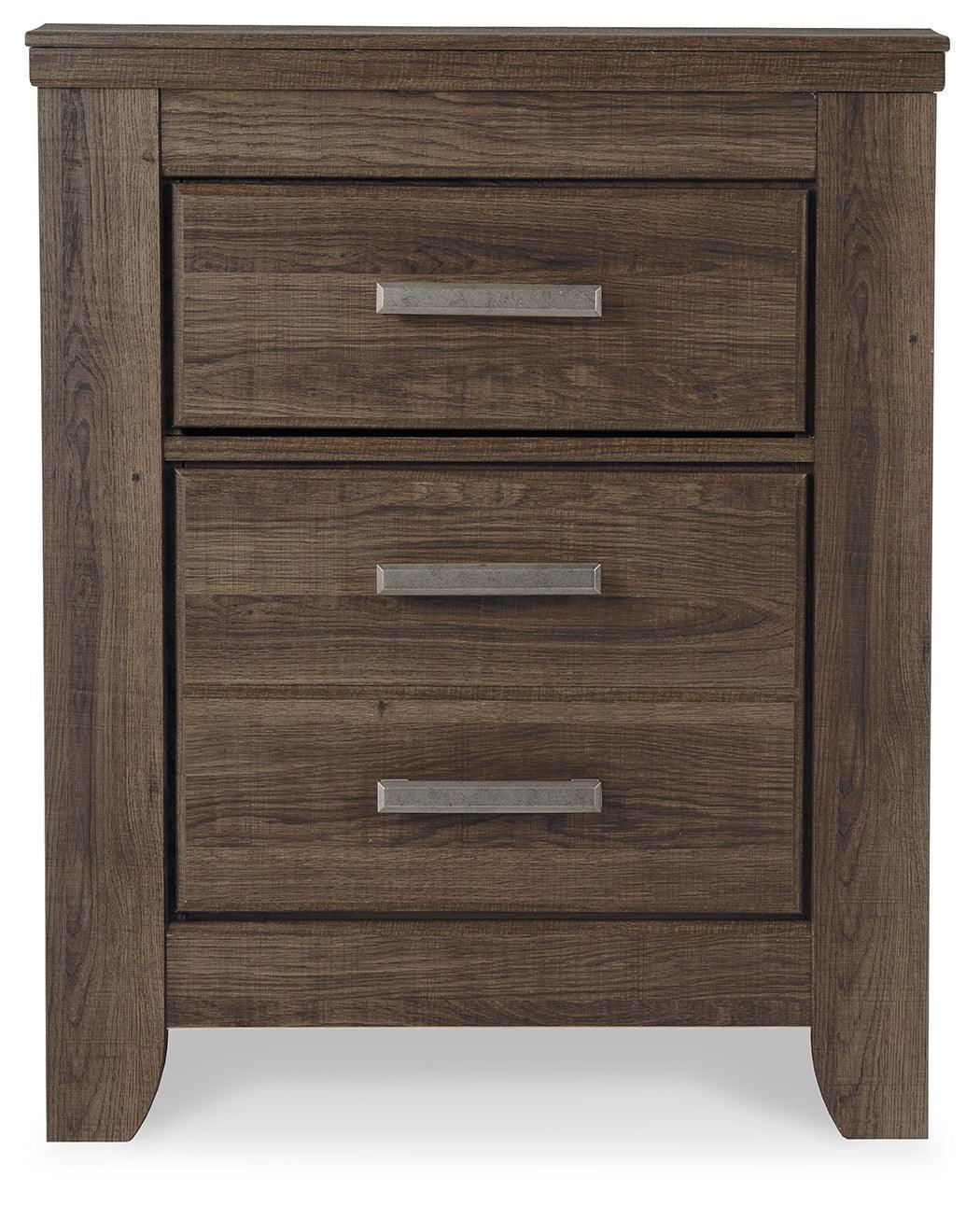Juararo nightstand close-up of pewter-tone hardware and pilaster detailing