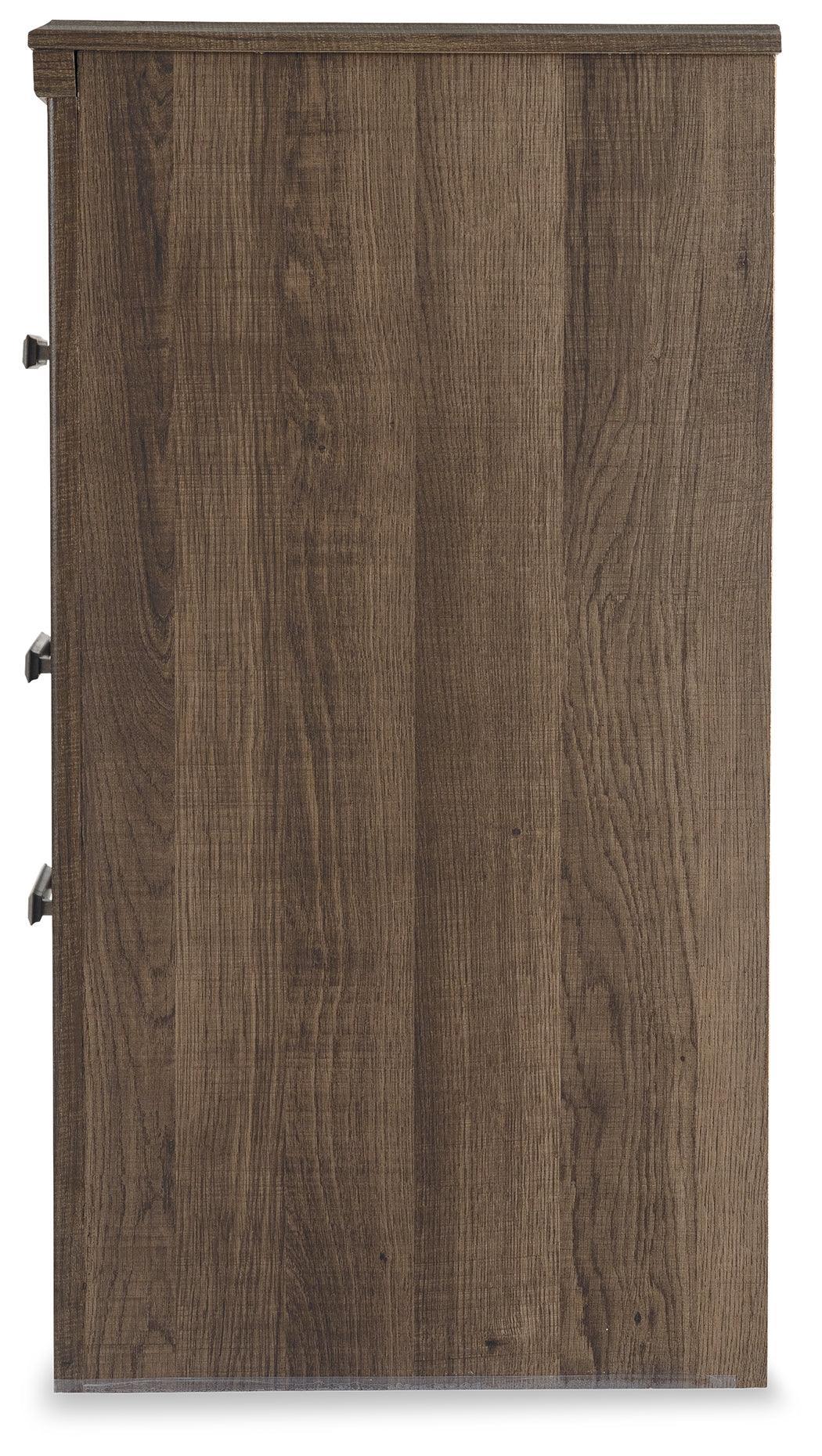 Top view of Juararo nightstand showing surface and drawer hardware