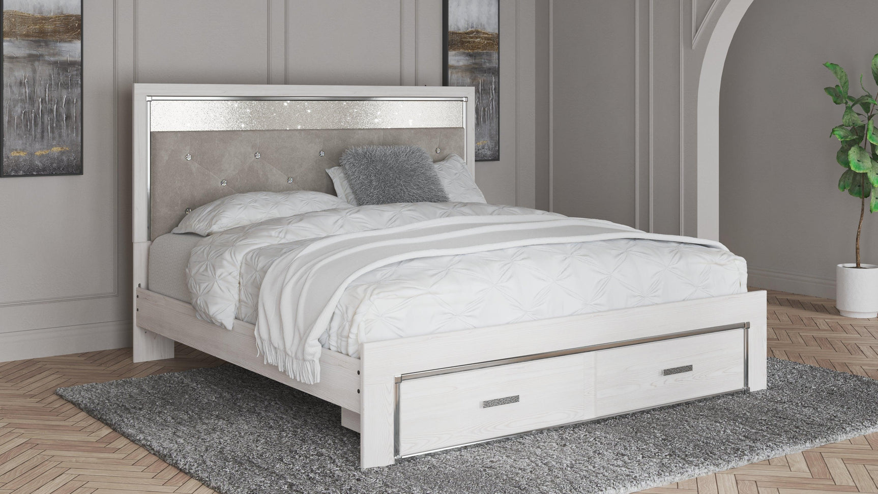 Altyra White King Upholstered Storage Bed - Ella Furniture