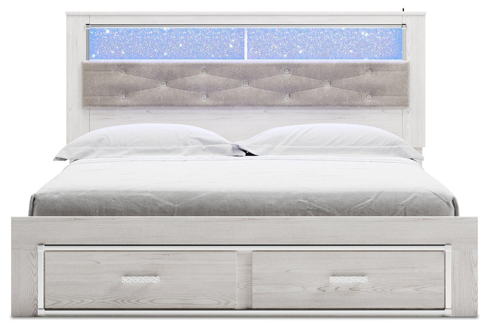 Altyra White King Upholstered Bookcase Bed With Storage - Ella Furniture