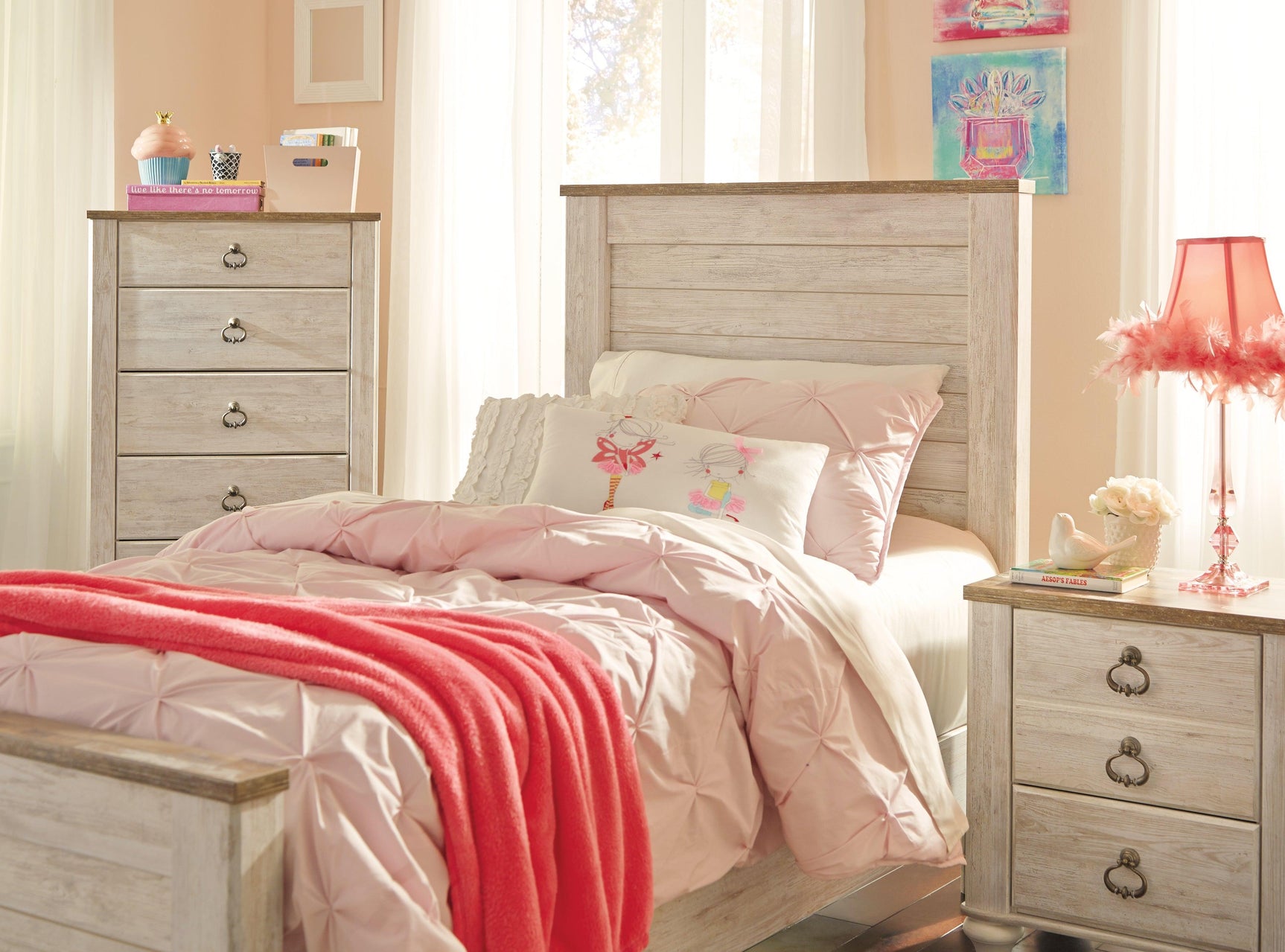 Willowton Whitewash Twin Panel Bed - Ella Furniture