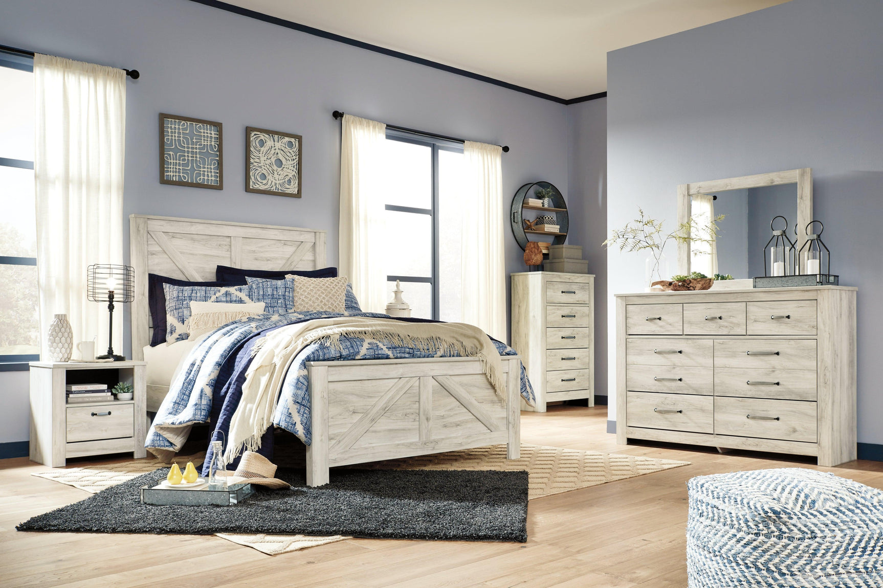 Bellaby Whitewash Queen Crossbuck Panel Bed - Ella Furniture