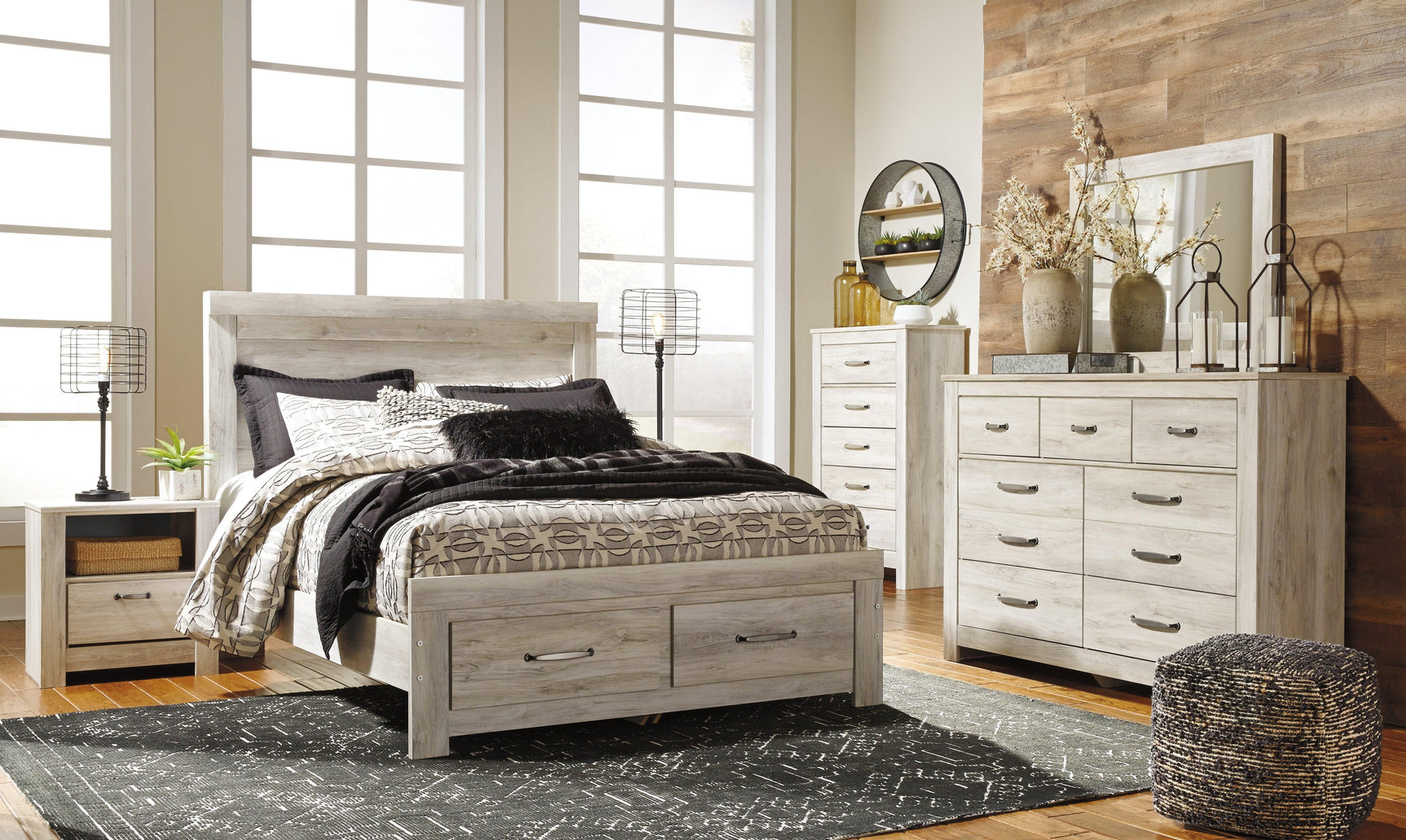 Bellaby Whitewash Queen Platform Bed With 2 Storage Drawers - Ella Furniture