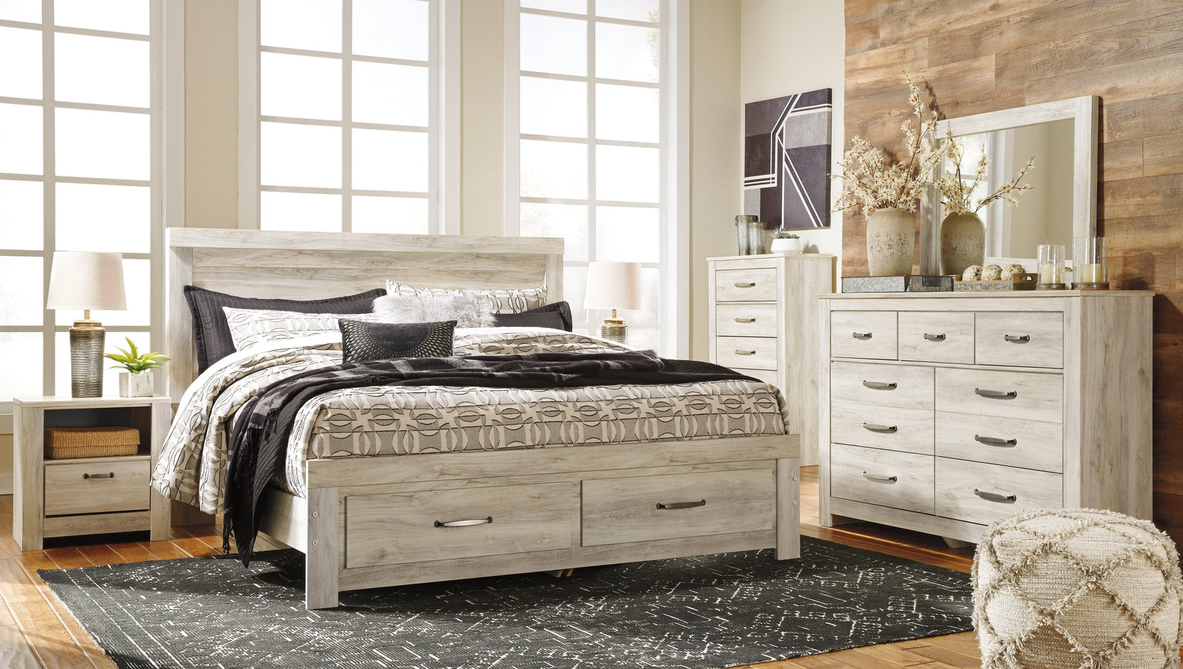 Bellaby Whitewash King Platform Bed With 2 Storage Drawers - Ella Furniture