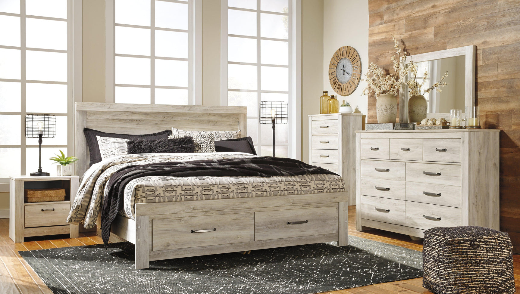 Bellaby Whitewash King Platform Bed With 2 Storage Drawers - Ella Furniture