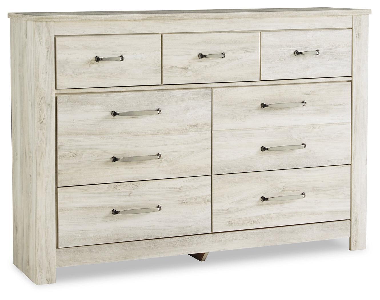 Bellaby Whitewash 7-Drawer Dresser, close-up of brushed nickel hardware