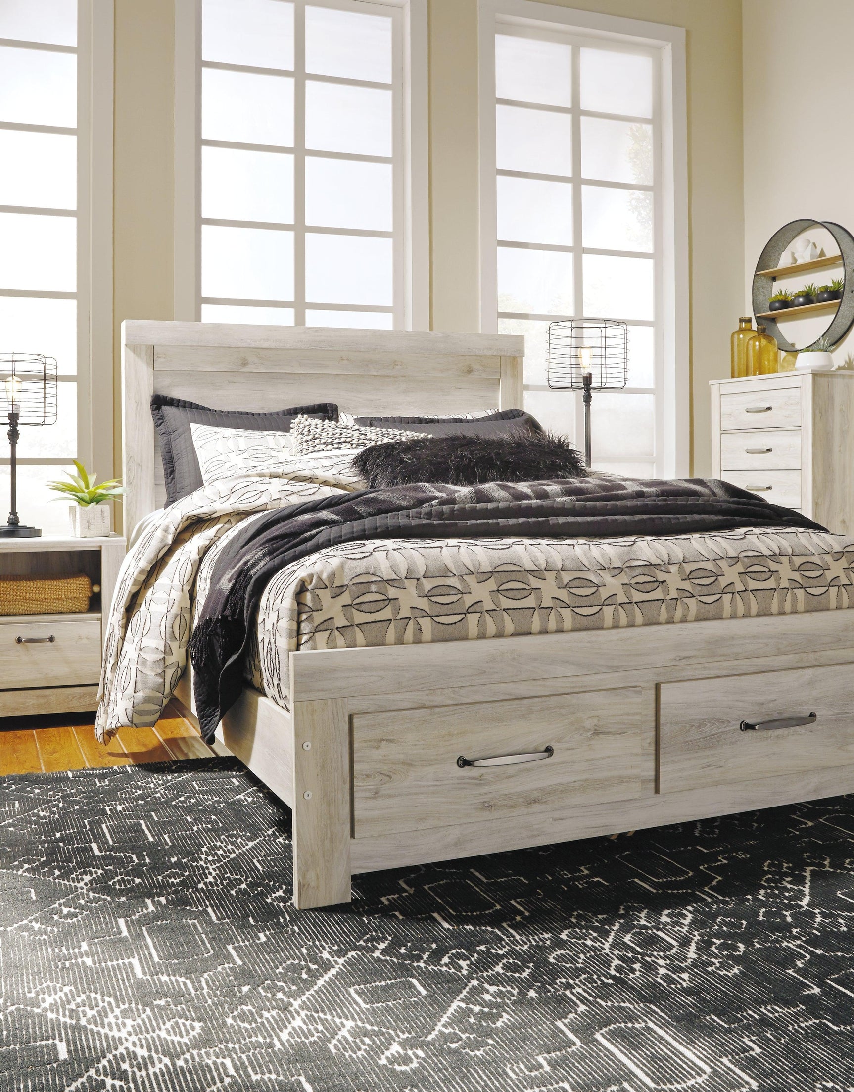 Bellaby Whitewash Queen Platform Bed With 2 Storage Drawers - Ella Furniture