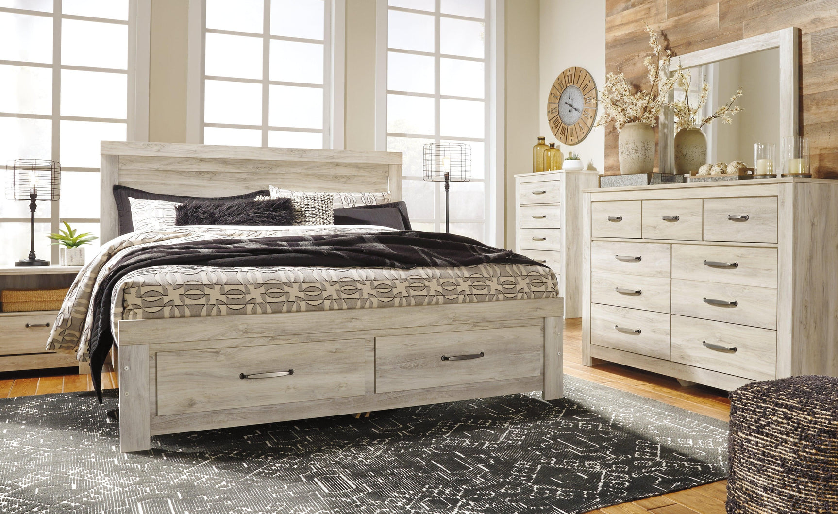 Bellaby Whitewash King Platform Bed With 2 Storage Drawers - Ella Furniture