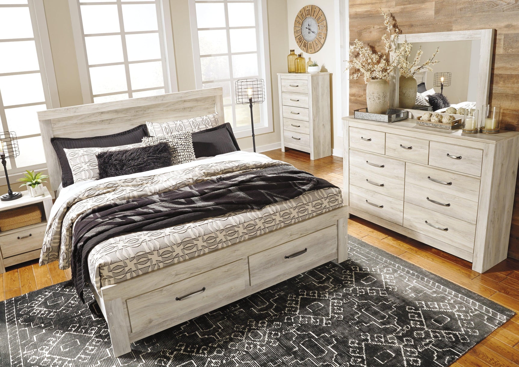 Bellaby Whitewash King Platform Bed With 2 Storage Drawers - Ella Furniture