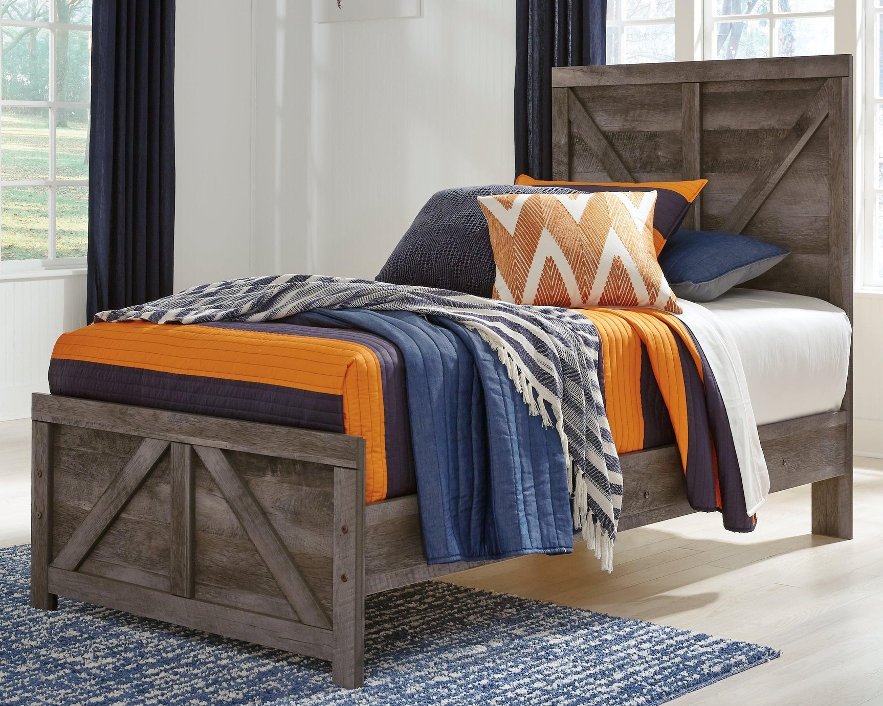 Wynnlow Gray Twin Crossbuck Panel Bed - Ella Furniture