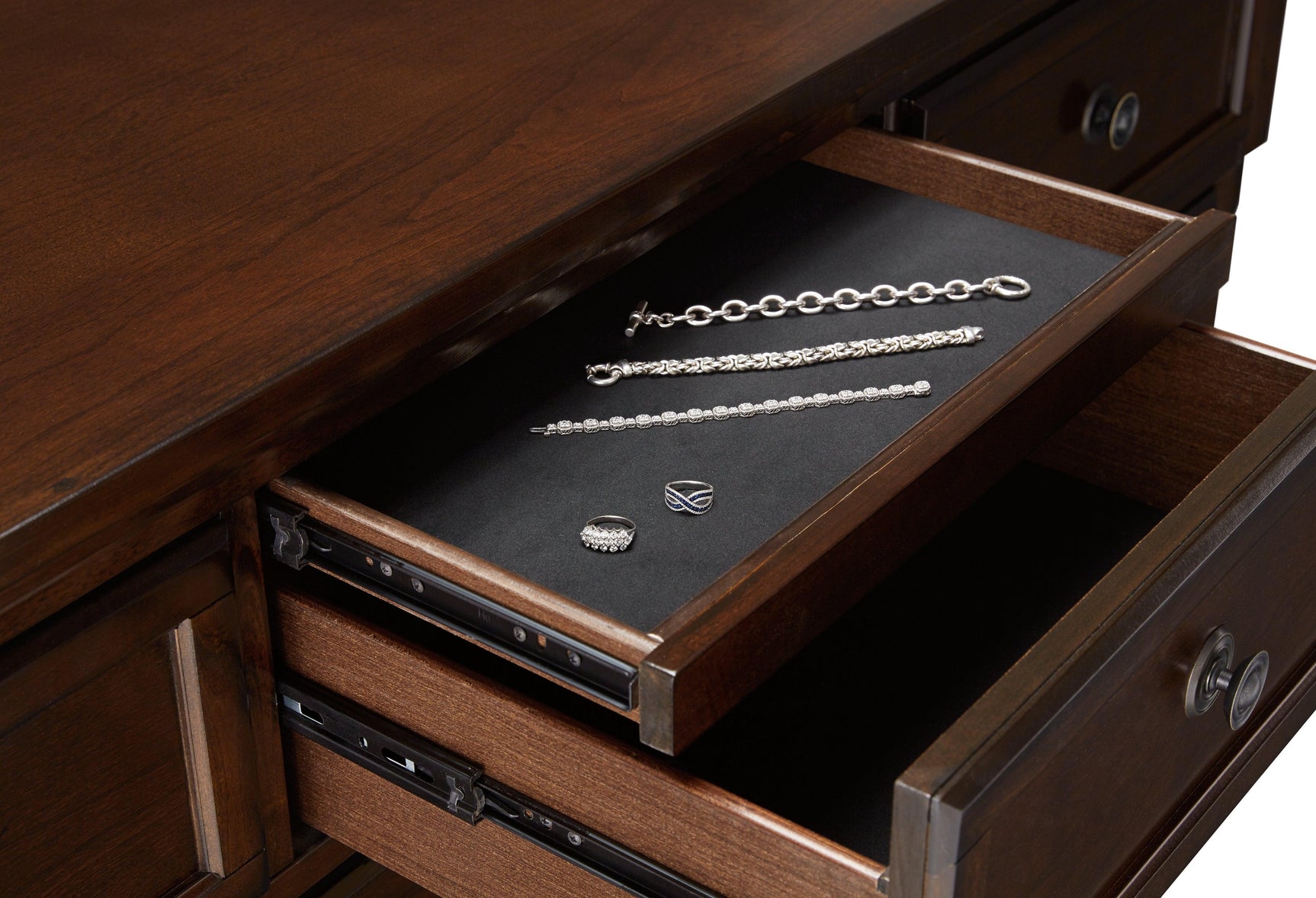 Porter Rustic Brown Dresser hidden pull-out tray detail