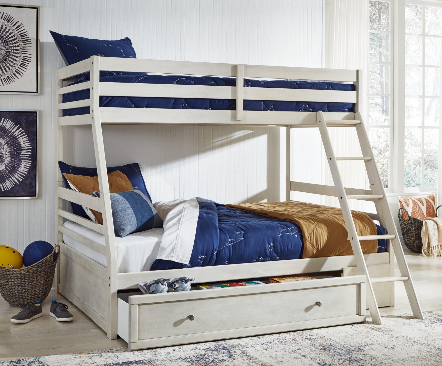 Robbinsdale Antique White Twin Over Full Bunk Bed With Storage - Ella Furniture