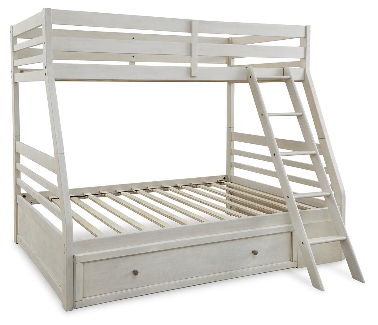 Robbinsdale Antique White Twin Over Full Bunk Bed With Storage - Ella Furniture
