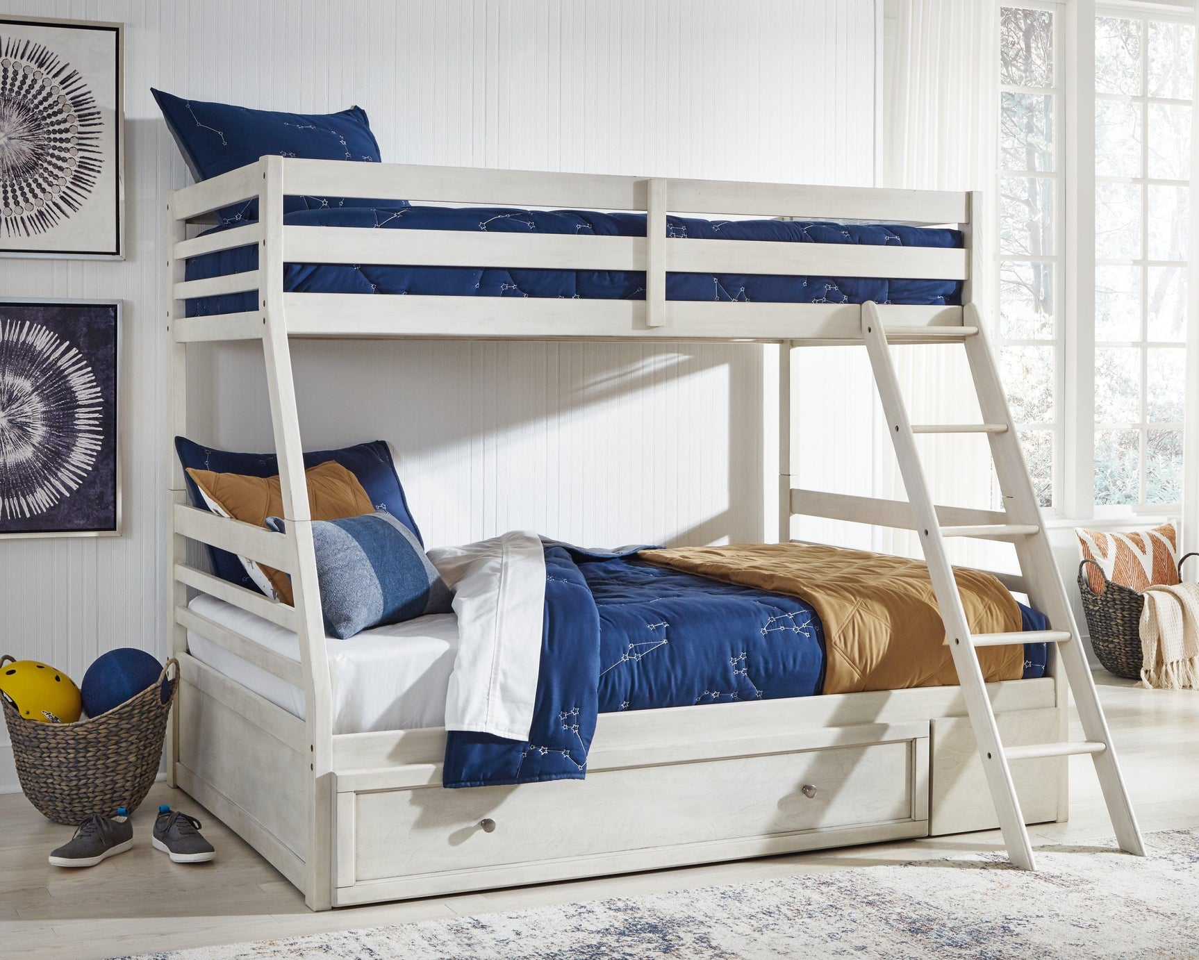 Robbinsdale Antique White Twin Over Full Bunk Bed With Storage - Ella Furniture