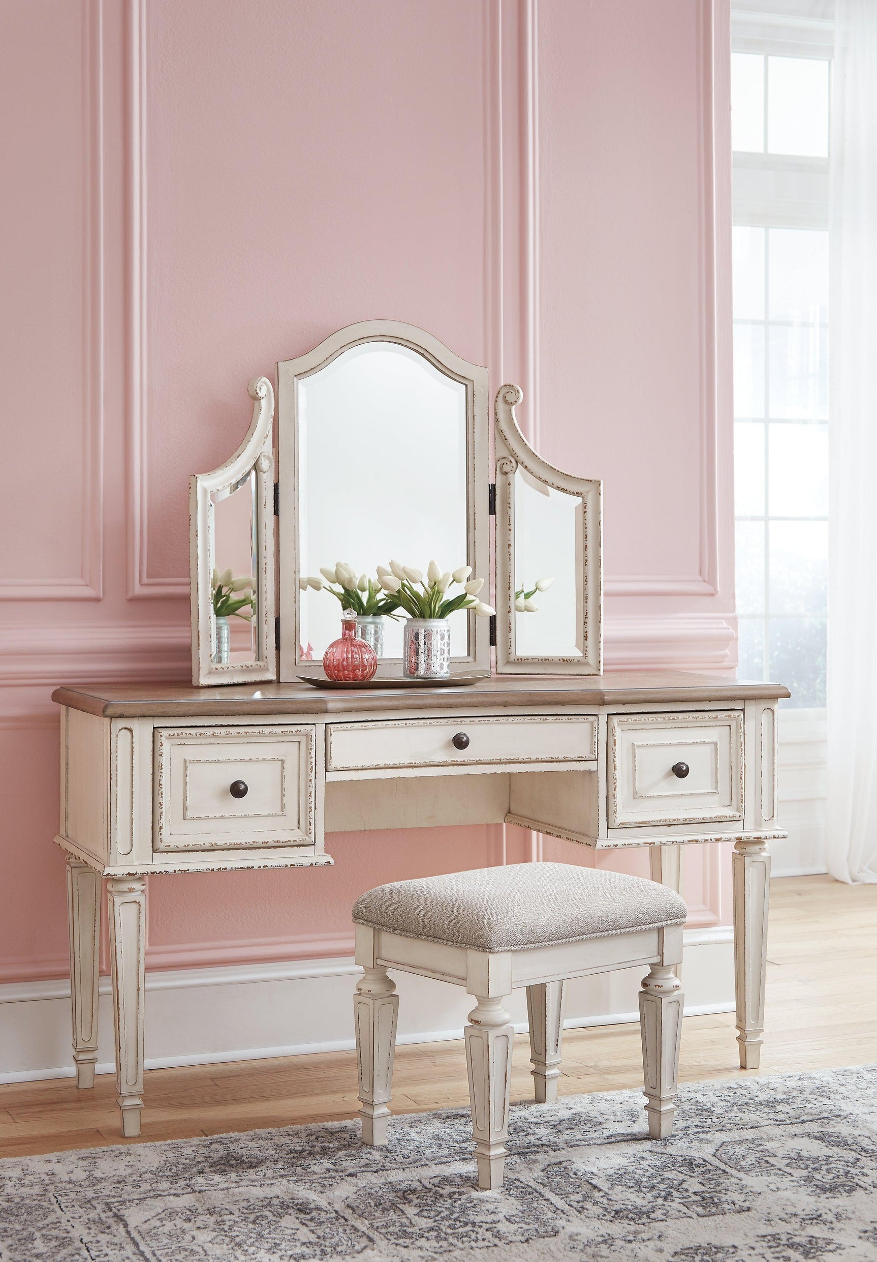 Realyn Two-tone Vanity And Mirror With Stool - Ella Furniture