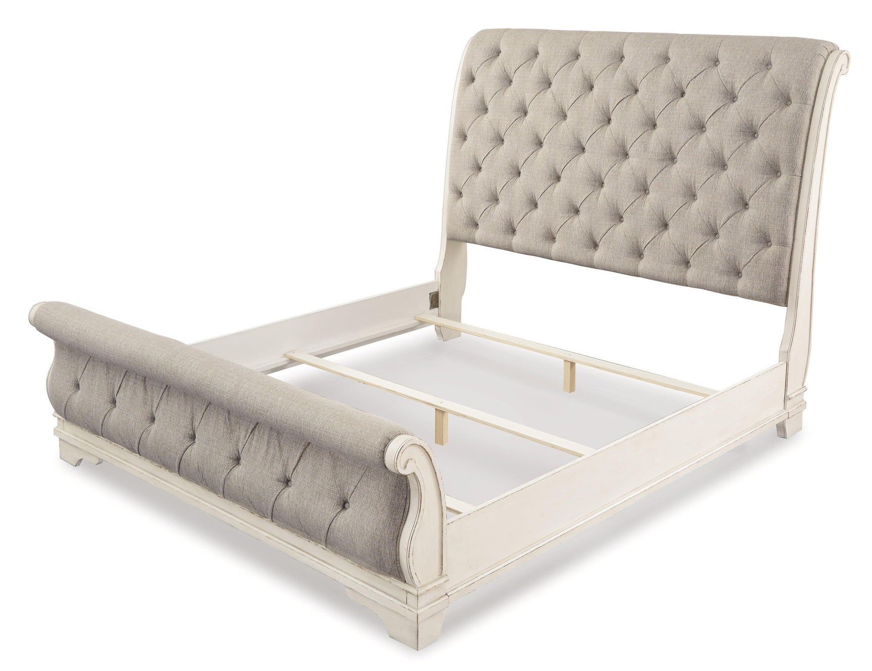 Realyn Chipped White Queen Sleigh Bed - Ella Furniture