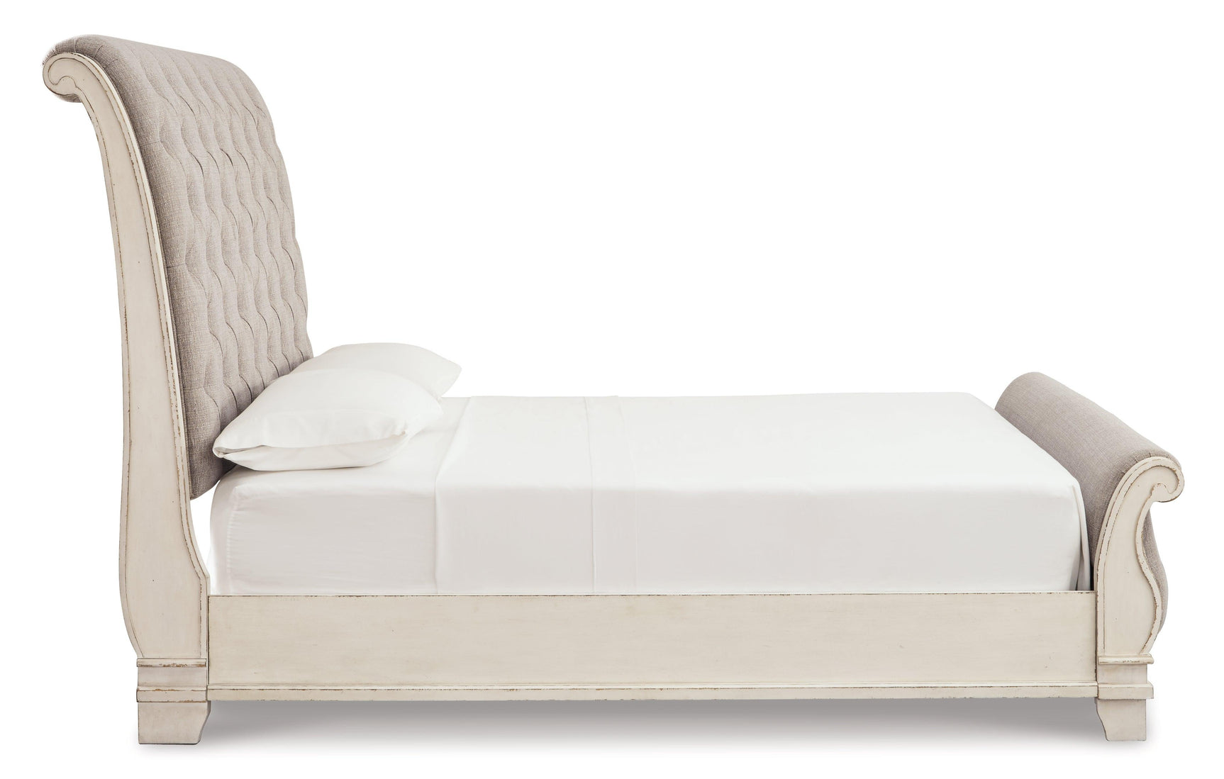 Realyn Chipped White Queen Sleigh Bed - Ella Furniture