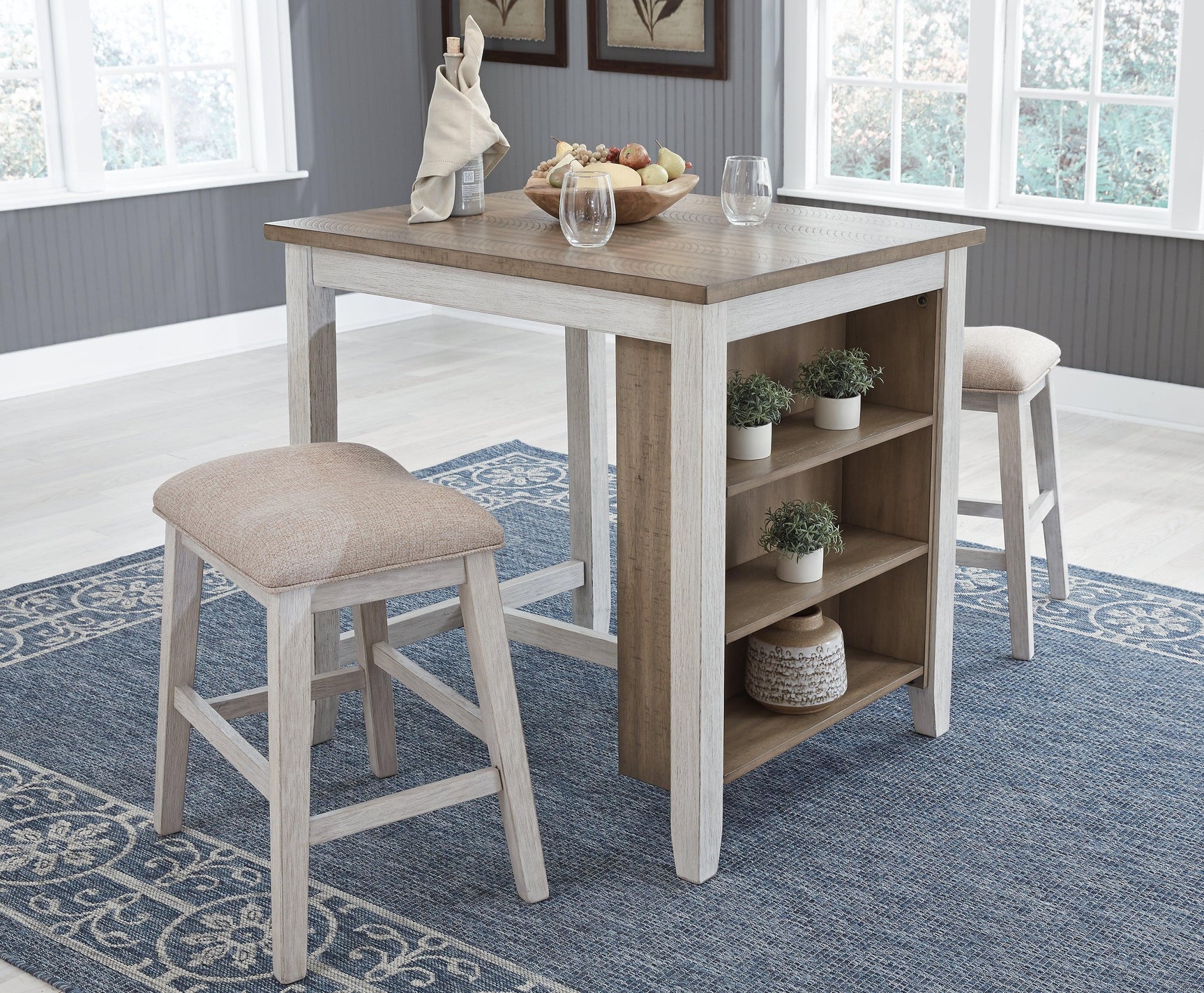 Skempton White/light Brown Counter Height Dining Table And Bar Stools (Set Of 3) - Ella Furniture