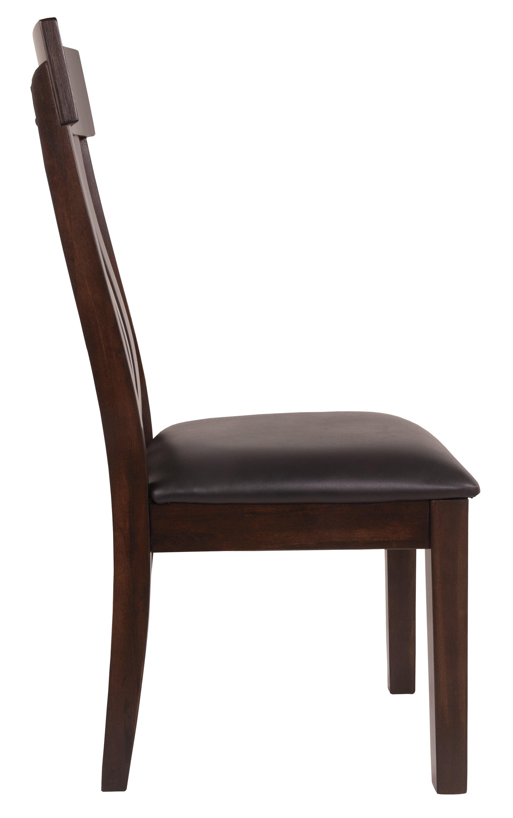 Close-up of Haddigan chair tufted faux leather seat and wood frame