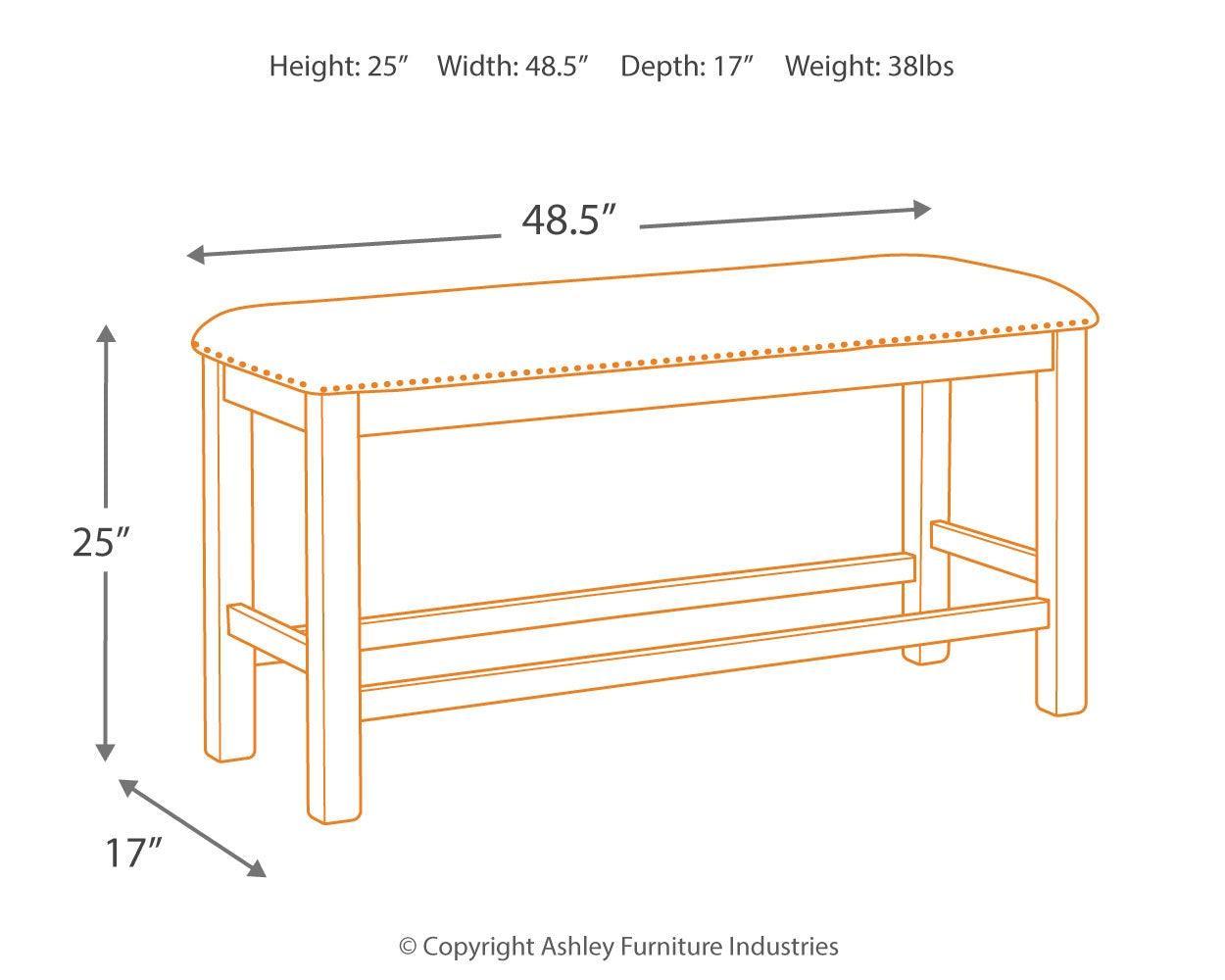 Moriville Dining Bench with dimensions overlay showing 49" W x 17" D x 25" H