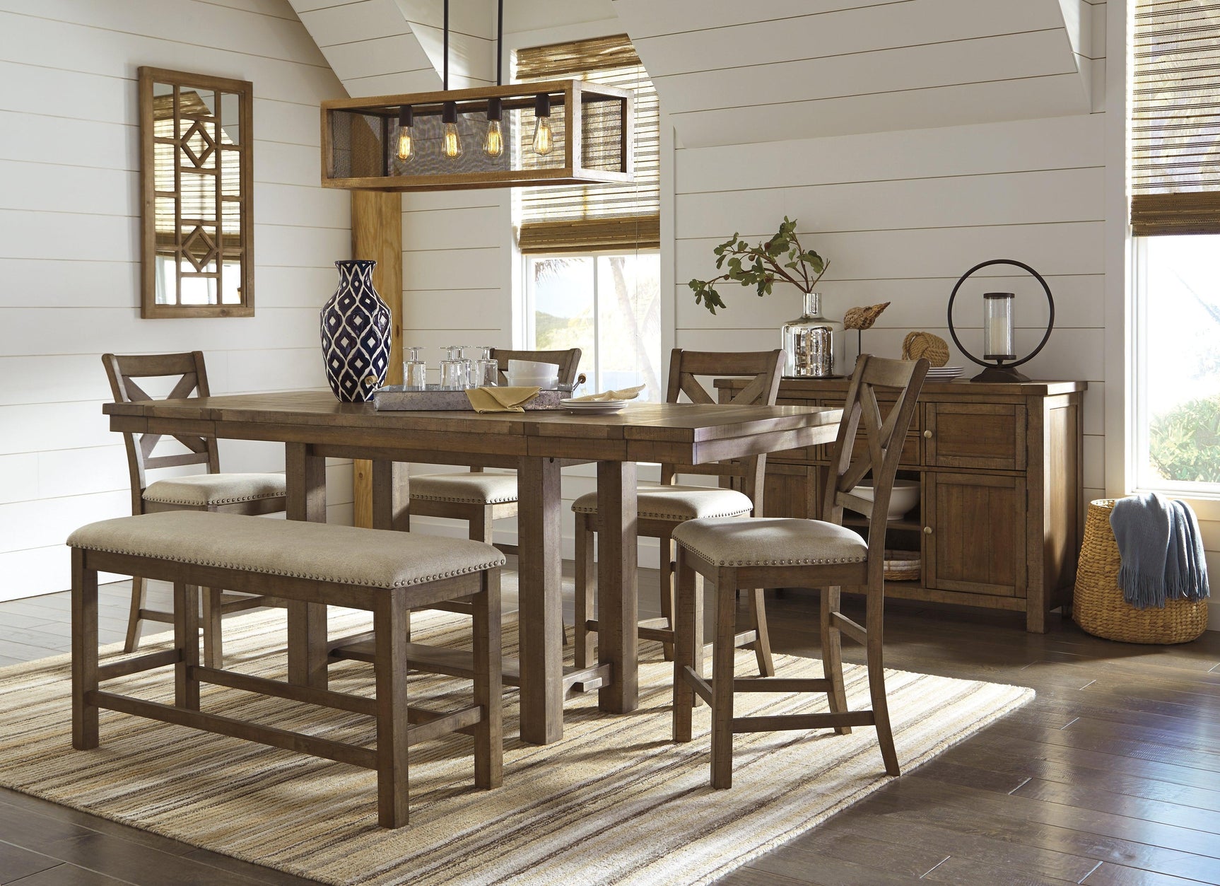 Moriville Dining Bench footrest and distressed nutmeg wood finish detail
