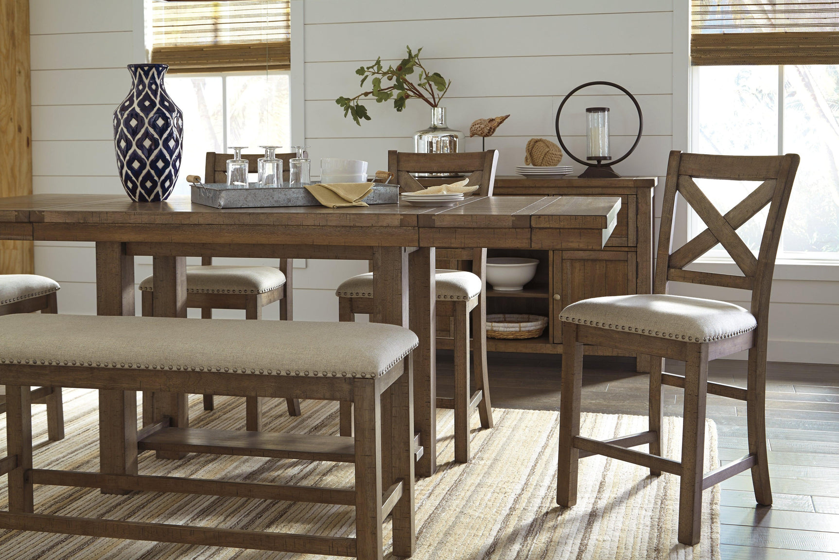 Lifestyle view of Moriville Dining Bench in a styled kitchen setting