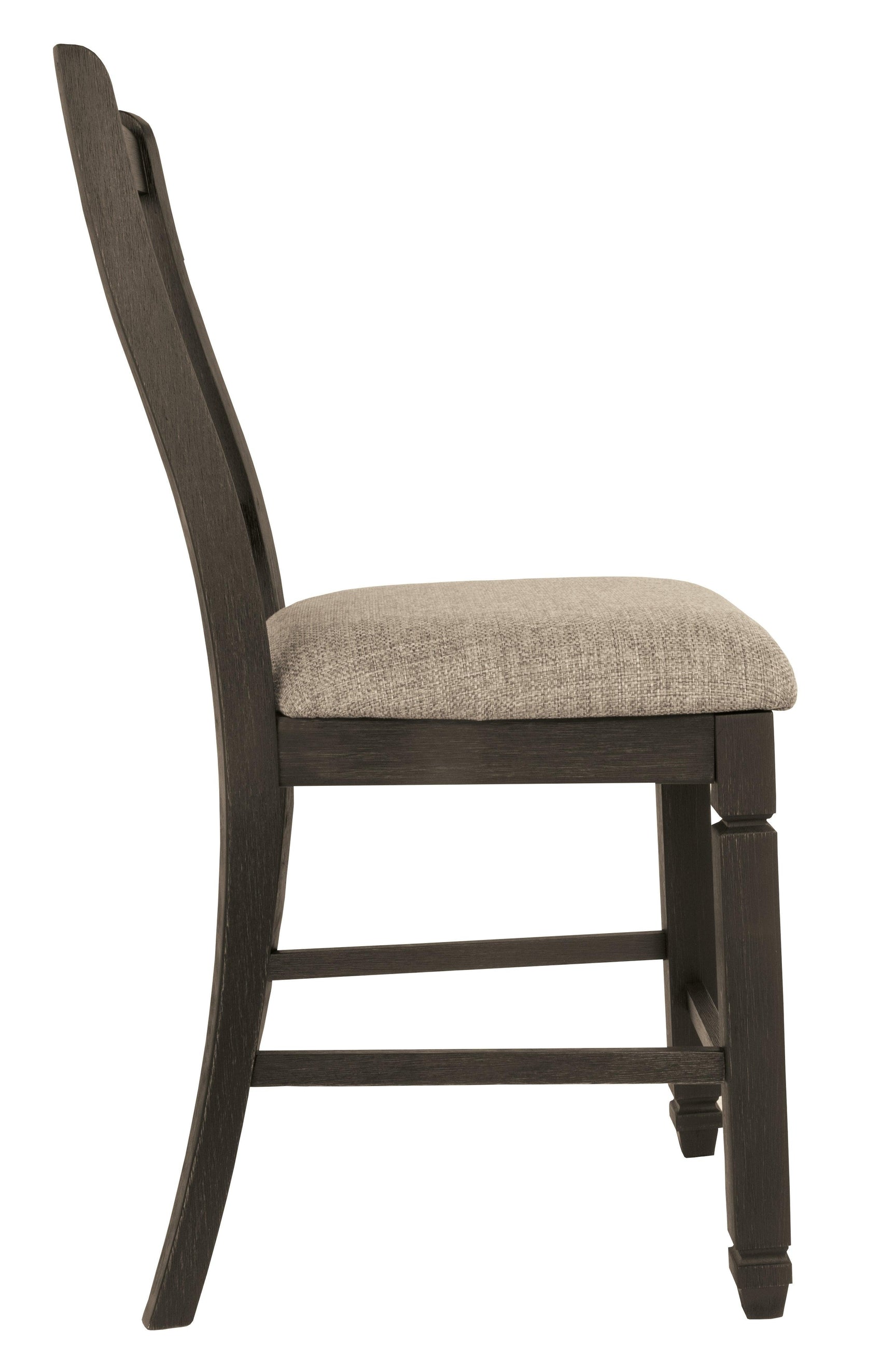 Close-up of grayish brown polyester upholstery and silvertone nailhead trim on stool